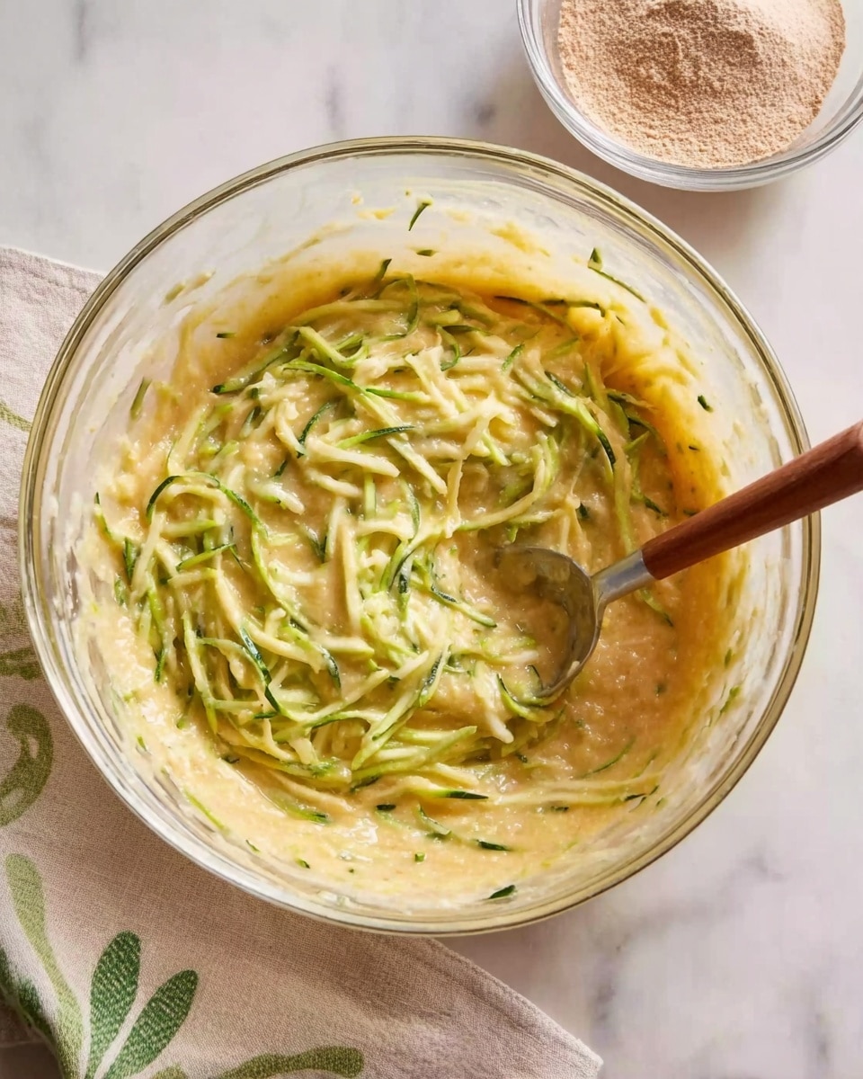 A clear glass bowl filled with a yellowish batter mixed with thin green strips of zucchini that are evenly spread throughout the mixture. A metal spoon with a wooden handle rests inside the bowl as it stirs the mixture, showing the texture of both the smooth batter and the fibrous zucchini. The bowl is placed on a white marbled surface next to a beige cloth with faint green leaf patterns and a smaller glass bowl filled with light brown powder in the background. photo taken with an iphone --ar 4:5 --v 7