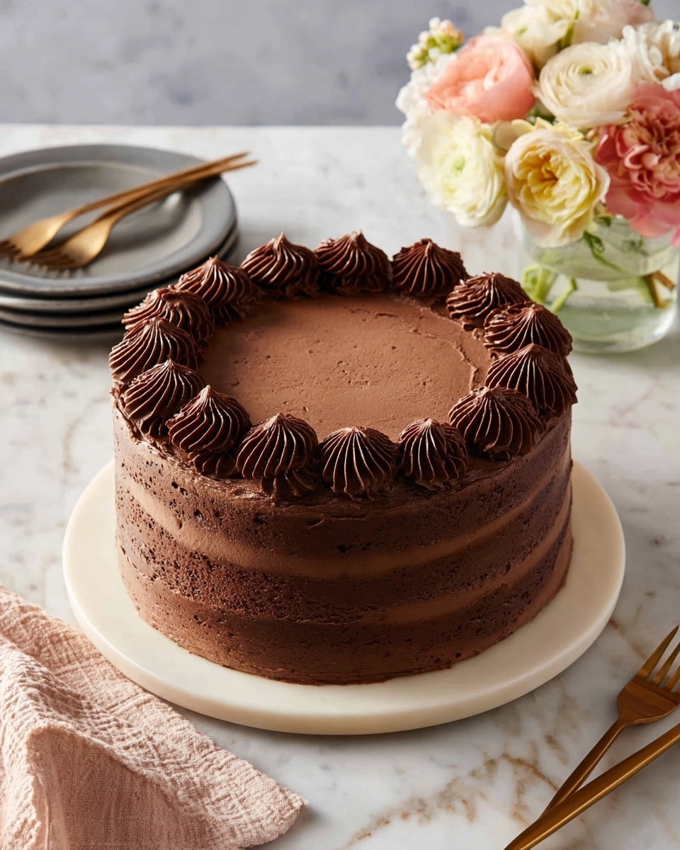 A tall, round chocolate cake with three visible layers, each separated by a thin layer of smooth chocolate frosting, sits on a white plate. The cake’s outside is evenly covered with chocolate frosting that has a slightly textured look, showing hints of the cake beneath. On top of the cake, there are 14 evenly spaced rosettes of thick chocolate frosting forming a circle near the edge. The cake rests on a white marbled surface next to a small clear vase filled with pink, white, and light green flowers with green leaves. Nearby, there is a stack of dark gray plates and two gold forks lying on the surface. photo taken with an iphone --ar 4:5 --v 7