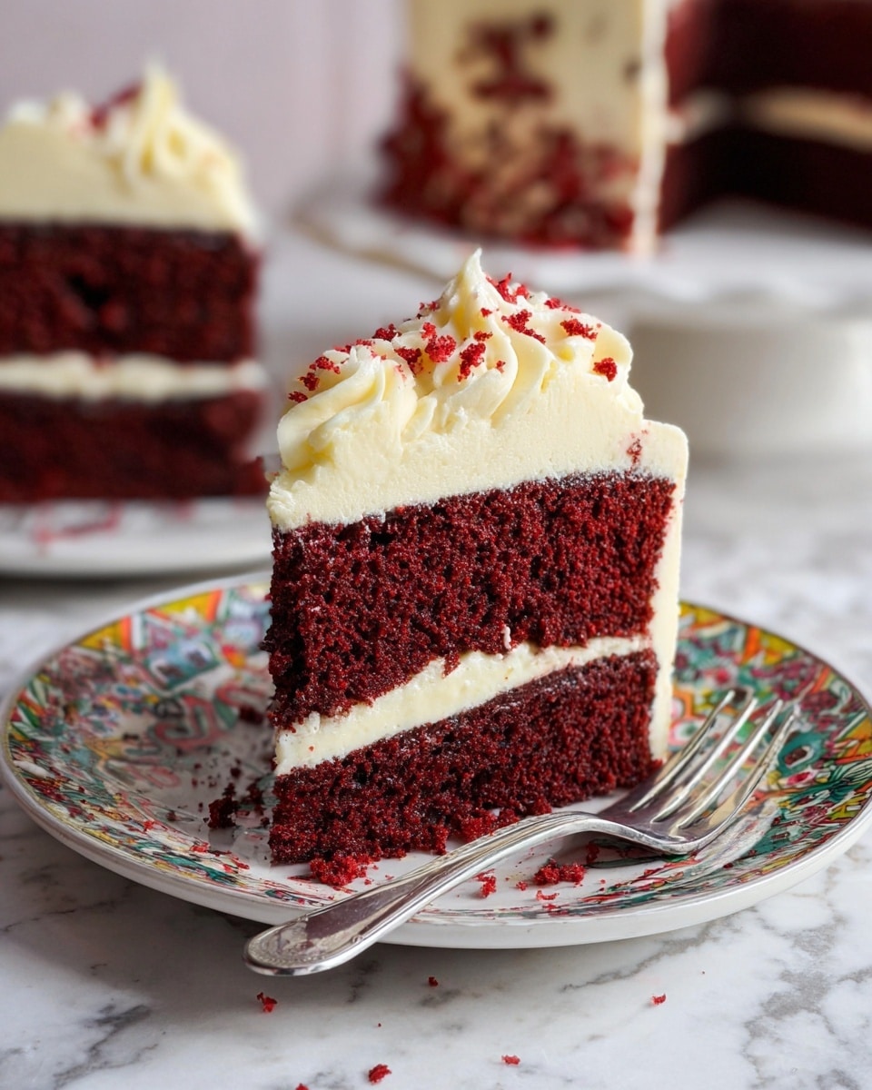 A close-up of a slice of red velvet cake with two thick dark red layers separated by a smooth white cream layer. The top has a thick white cream layer with soft swirls and tiny red crumbs sprinkled on it. The cake slice sits on a white plate with a colorful geometric pattern at the edge. A silver fork rests next to the cake on the plate. The background is a soft blur of the rest of the cake and a white marbled surface below. photo taken with an iphone --ar 4:5 --v 7