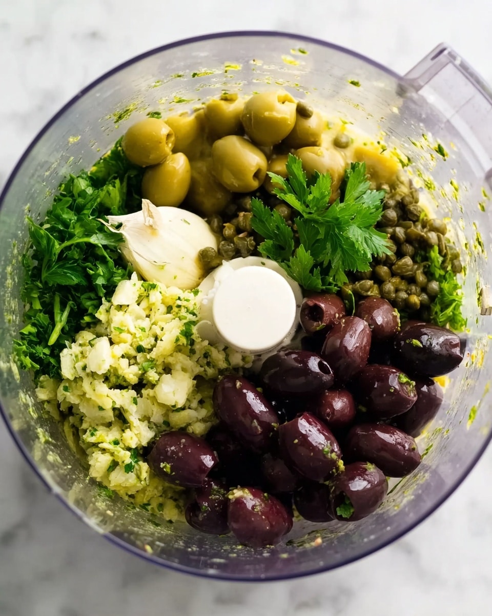 The image shows the inside of a clear food processor bowl on a white marbled surface with several ingredients layered inside. In the center bottom, there is a large pile of light green chopped olives. To the right and slightly above are many whole dark purple olives. On the upper left, there are small green capers sitting near a bunch of fresh green parsley leaves. In the middle of the bowl, a small white pile of minced garlic rests on top of the olives. The ingredients are arranged loosely and the white plastic center blade holder is visible. Oil coats parts of the bowl's surface. Photo taken with an iphone --ar 4:5 --v 7
