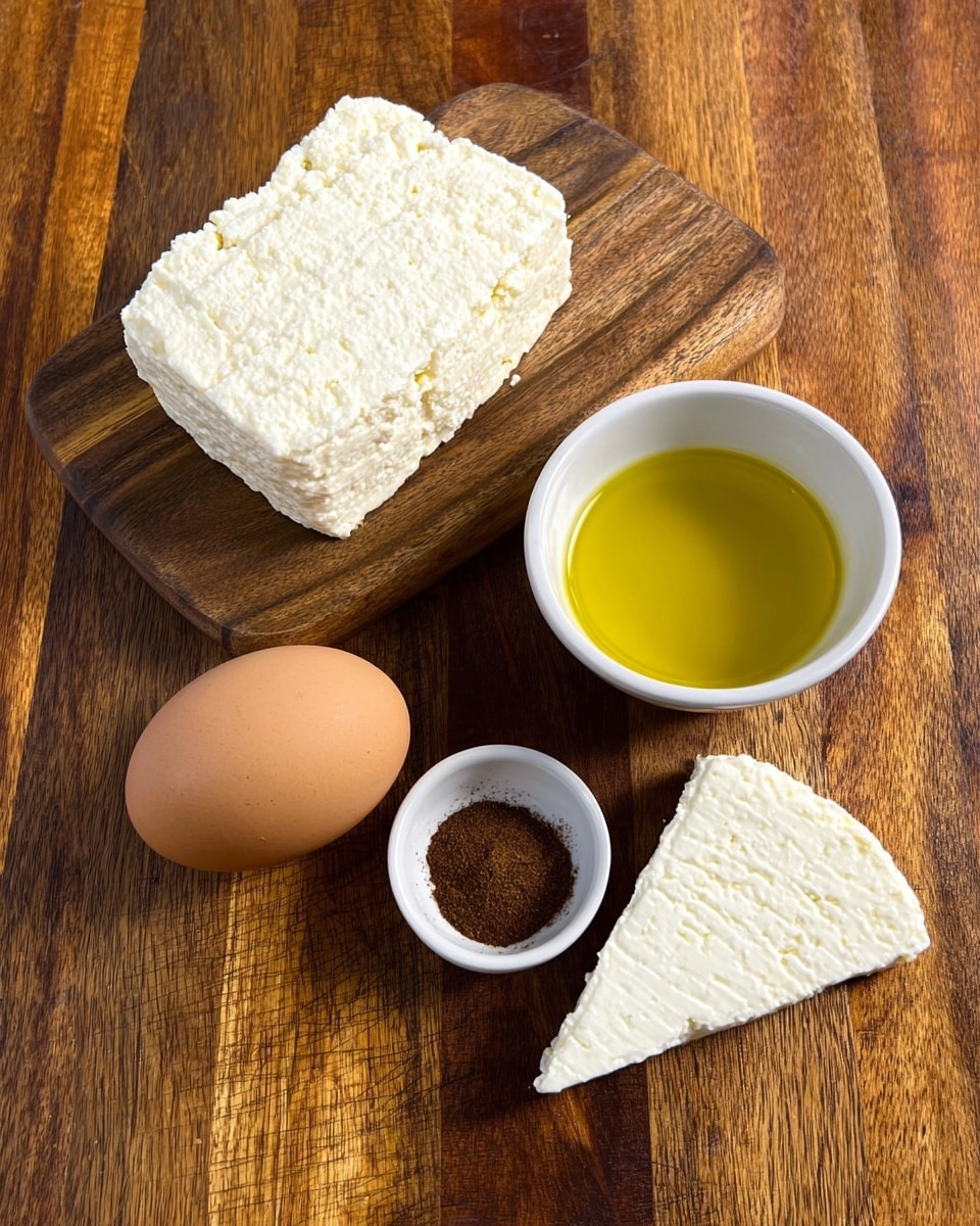 The image shows a block of crumbly white cheese placed on a wooden surface, with half of a textured white cheese wedge positioned diagonally in the bottom right corner. Next to the block is a single brown egg resting on the wood. A small white bowl filled with golden yellow olive oil is on the right side of the image. Below the egg, there is a small white bowl containing a dark brown powder, likely a spice. The background is a wooden table with a rich grain and warm tone. photo taken with an iphone --ar 4:5 --v 7
