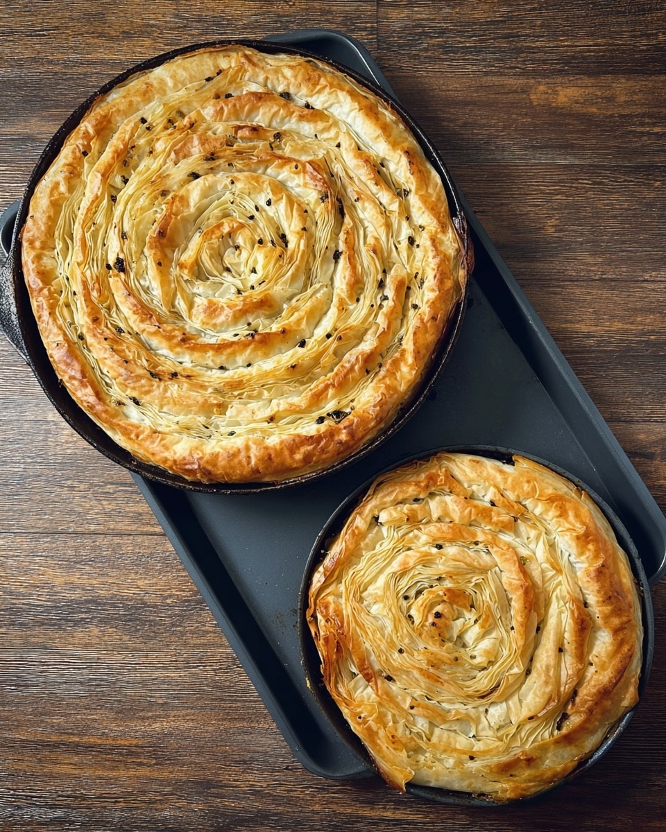 Two coiled pastries with a crispy golden brown top layer are shown on a dark cast iron pan and a large white round baking tray. Each pastry is made from many thin layers of crinkled dough spiraled into a circular shape, with slight browning and small black specks on the surface. The edges of the pastries are irregular and slightly lifted, showing the layered texture. The tray and pan rest on a dark wood surface. Photo taken with an iphone --ar 4:5 --v 7