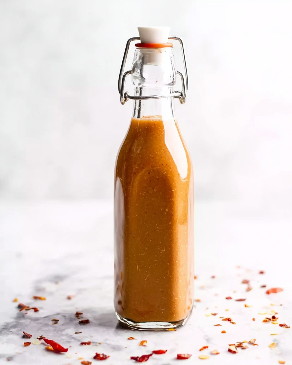 A tall clear glass bottle with a white stopper and metal clasp is filled about halfway with a thick light brown sauce. The bottle stands on a white marbled surface, and small red chili flakes are scattered loosely around it. The background is bright white with soft lighting, making the bottle and sauce the main focus. photo taken with an iphone --ar 4:5 --v 7