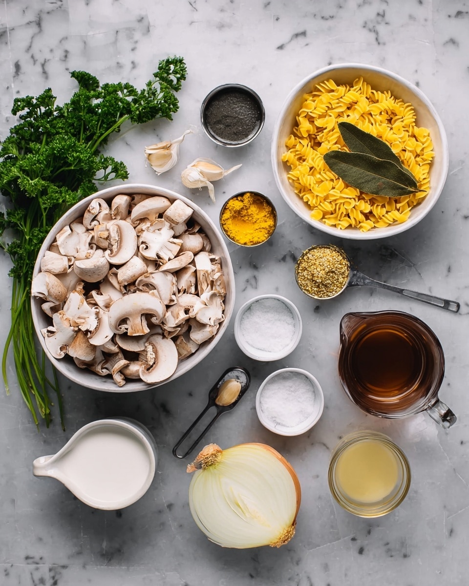 A top-down view shows several white bowls and measuring cups arranged on a white marbled surface, each holding different ingredients. In the center, a large white bowl is filled with light brown sliced mushrooms with a small white cup containing yellow powder placed inside it. To the top right, a white bowl holds uncooked yellow pasta with two dried bay leaves and fresh green herbs resting on top, alongside a silver measuring spoon filled with a coarse yellow condiment. Around the main bowls, smaller white cups contain black liquid, white powder, and a small amount of thick white cream. There is also a clear glass measuring cup filled with dark brown liquid and another smaller clear cup with a pale yellow liquid. Near the bottom center, there is half of a peeled onion with white yellowish layers. A bunch of fresh green parsley and some whole garlic cloves are positioned near the top left. The photo is taken with an iphone --ar 4:5 --v 7