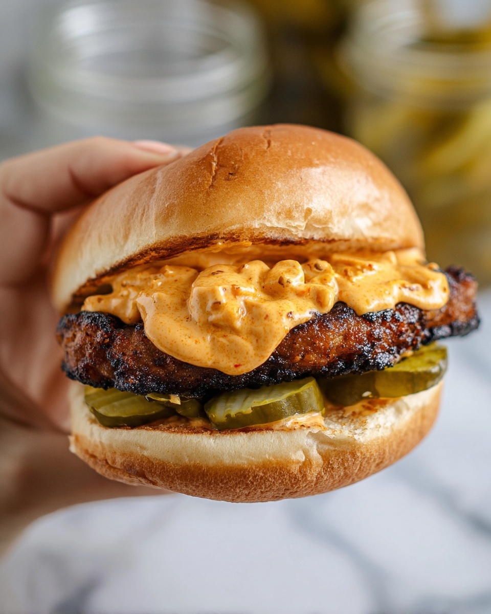 A close-up of a sandwich held by a woman's hand, showing a toasted golden brown bun on top and bottom. Inside, the bottom layer has several green pickle slices, next is a thick, darkly grilled patty with a crispy texture, topped with a thick, creamy orange sauce with visible specks of spices. The sandwich is held against a white marbled surface with blurred glass jars in the background. photo taken with an iphone --ar 4:5 --v 7