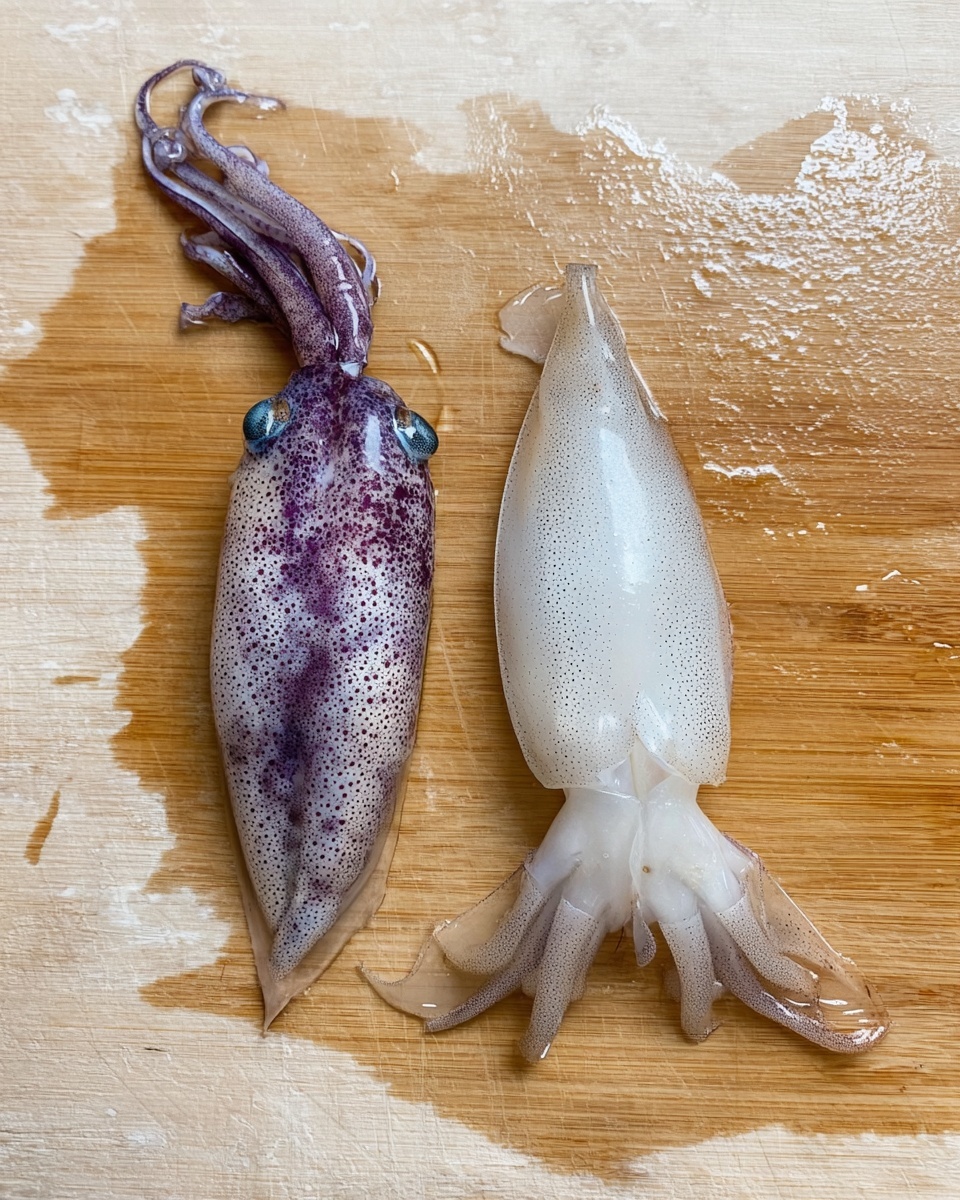 Two raw squids lie side by side on a wooden cutting board with a light brown color and visible scratches and wet spots. The squid on the left has a purple and white speckled body with a long tentacle curving upward to the left. The squid on the right is smoother, mainly white with slight gray shading, and four visible small fins spread at the base. Both squids have a shiny, wet texture, showing fresh seafood detail. The background is a white marbled texture. photo taken with an iphone --ar 4:5 --v 7