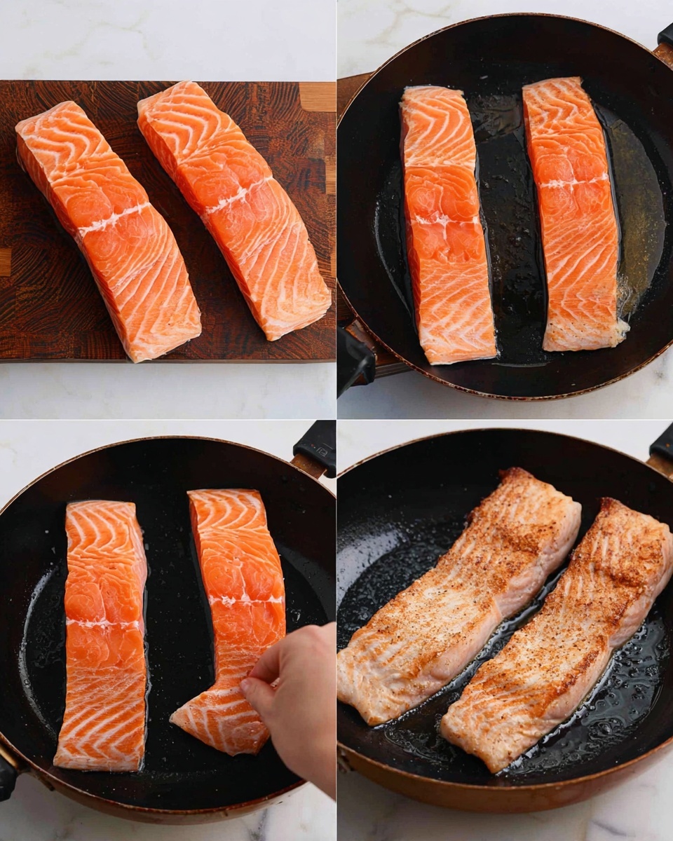 The image shows four stages of cooking three salmon fillets. The first stage on a wooden cutting board displays three raw salmon fillets side by side, each with bright orange flesh and white lines. The second stage shows the same three fillets placed in a black pan with slight oil shine, still raw but slightly warmed. The third stage captures a woman's hand touching one fillet in the pan, where the fish starts to become lighter orange with a soft texture near the edges. The last stage shows the fillets fully cooked with golden brown sear marks on top and a firmer texture, resting in the same black pan. The background is a white marbled surface behind the panels photo taken with an iphone --ar 4:5 --v 7