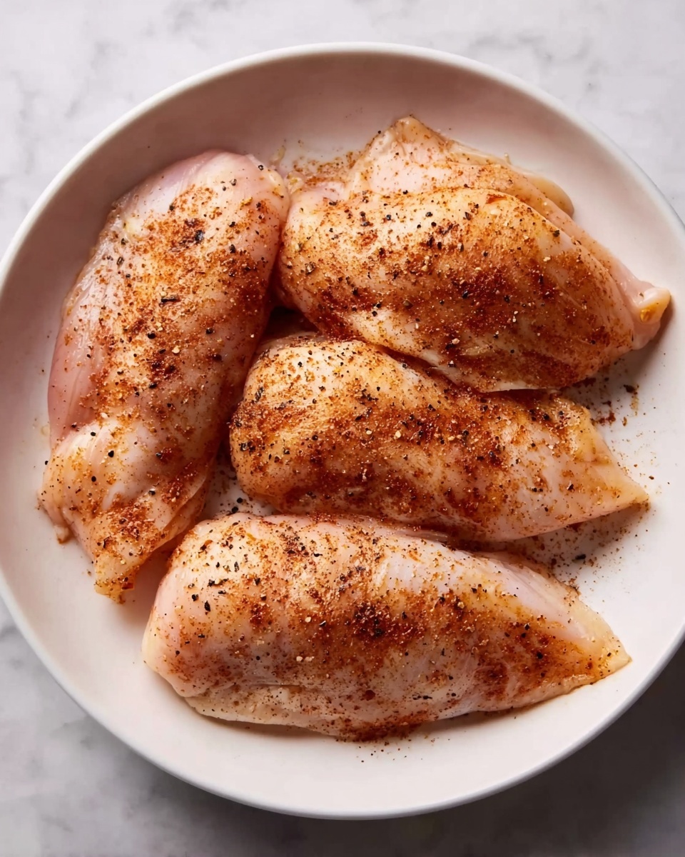 A white shallow bowl sits on a white marbled surface, holding four raw chicken pieces arranged side by side. Each piece is light pink with a reddish-brown spice rub spread unevenly over the surface, giving a slightly rough texture. The spices are scattered with small black and brown specks visible against the chicken. The bowl and chicken are centered in the image. photo taken with an iphone --ar 4:5 --v 7