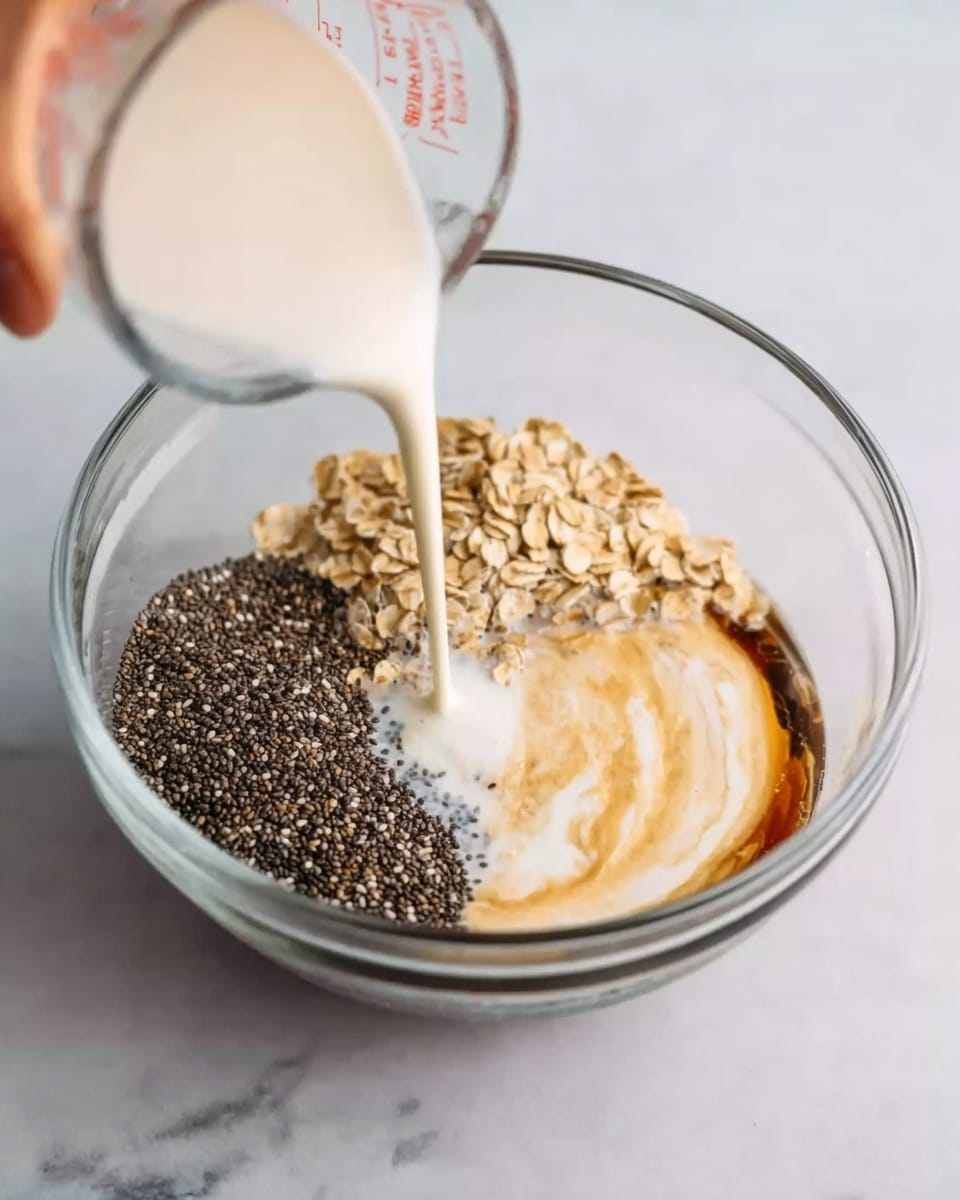 A clear glass bowl sits on a white marbled surface, filled with four main layers: dark brown liquid, light brown rolled oats, black chia seeds in a compact pile, and a creamy white layer with a swirl of light brown liquid on top. In the foreground, a woman's hand holds a clear measuring cup pouring white liquid into the bowl. Photo taken with an iphone --ar 4:5 --v 7