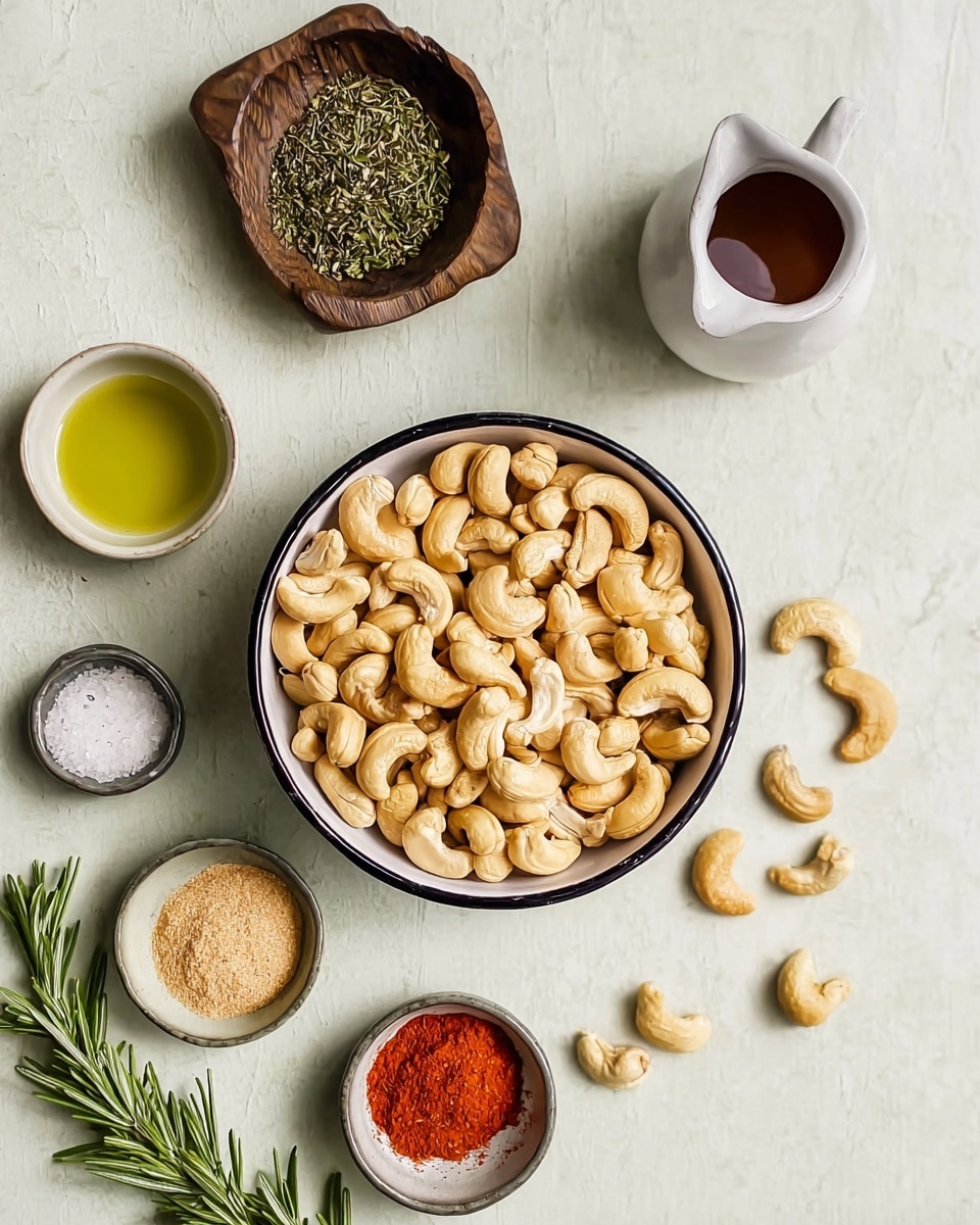 A white bowl with a black rim is full of light tan cashew nuts, some spilling out around the bowl. To the left, a small dark brown wooden bowl contains a mix of dried green herbs. Below it, a white small pitcher with dark brown liquid stands next to a white small pitcher with greenish yellow oil. To the lower right, a small white bowl holds red spice powder, and next to it is a small light gray bowl with white coarse salt. Near the bottom left, another small white bowl contains light brown powder. A sprig of fresh green rosemary lies on the white marbled surface next to the herb bowl. The overall scene is neat and bright, with each bowl clearly visible. Photo taken with an iphone --ar 4:5 --v 7