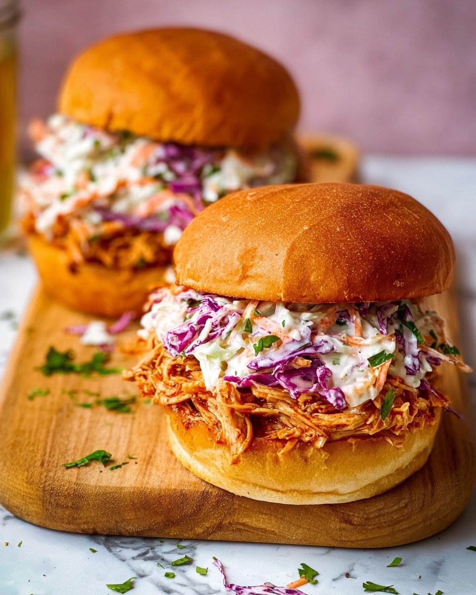 The image shows two sandwiches on a wooden board placed on a white marbled surface. Each sandwich has three main layers: a soft brown bun on top, a thick layer of creamy coleslaw with purple and white cabbage shreds combined with thin orange carrot strips, and a layer of shredded, saucy pulled chicken at the bottom. There are small green herb pieces scattered lightly inside and around the sandwiches. The overall look is fresh and colorful with a mix of textures from creamy to shredded. photo taken with an iphone --ar 4:5 --v 7