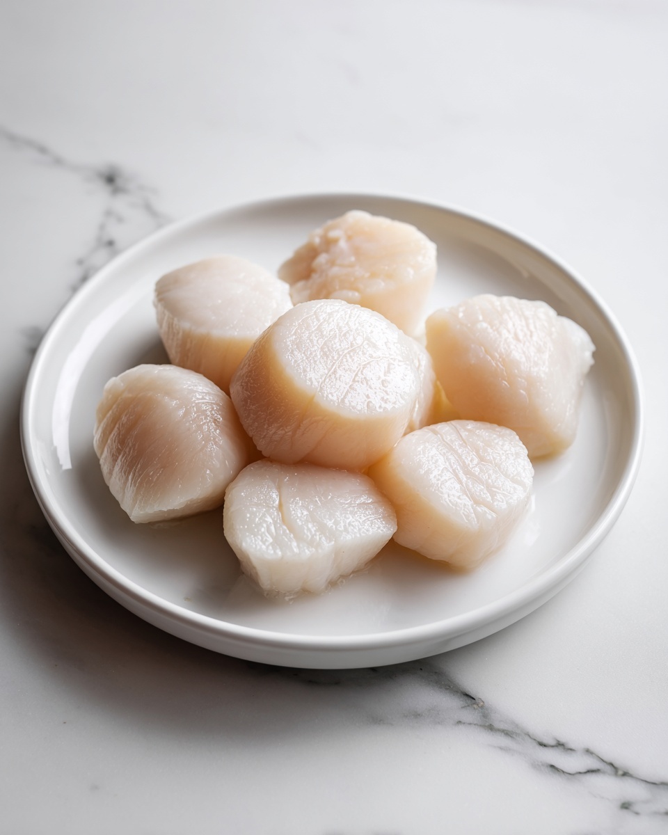 A white round plate holds several pieces of raw scallops arranged in the center and to the upper right side. The scallops are plump with a smooth, shiny, pale creamy color and slightly translucent texture. The plate sits on a white marbled surface with subtle gray veins. Photo taken with an iphone --ar 4:5 --v 7