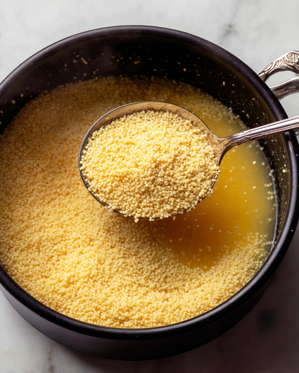 A close-up view of small pale yellow couscous grains being added into a black pot filled with simmering yellow broth, steam rising gently from the liquid. The pot's interior is dark, contrasting with the light-colored couscous, and a large metallic spoon with a round bowl rests inside, lifting some of the couscous from the liquid. The background surface is a white marbled texture. Photo taken with an iphone --ar 4:5 --v 7