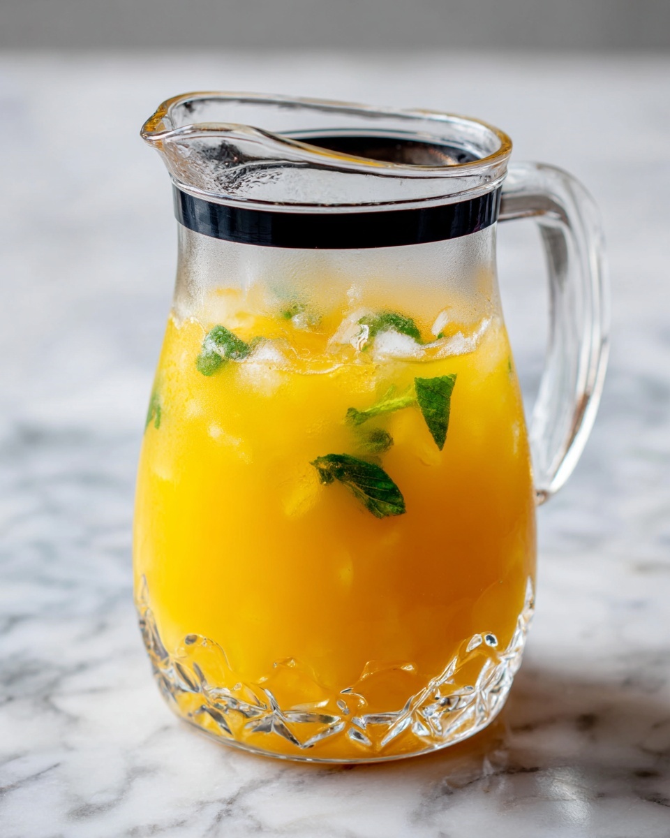 A clear glass pitcher with a black band near the top is filled with bright yellow-orange juice. Inside the juice, there are visible small ice cubes and a few green leaves floating within. The pitcher has a textured scalloped pattern near the bottom and a sturdy handle on the side. The whole scene is set against a white marbled surface, with the top of the pitcher slightly frosted from the cold inside. photo taken with an iphone --ar 4:5 --v 7