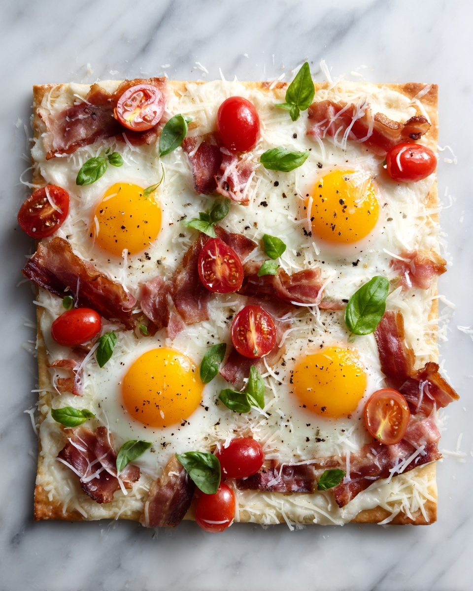 A square flatbread with a white crust base is topped with a thin layer of shredded cheese. On top, there are four raw egg yolks evenly spaced in a diamond shape, each surrounded by thin, wavy ribbons of light pink bacon. Bright red, halved cherry tomatoes are scattered between the bacon and eggs, adding a juicy, shiny texture. Small strips of fresh green basil leaves are sprinkled over everything, along with a dash of black pepper. The flatbread is placed on a white marbled surface. photo taken with an iphone --ar 4:5 --v 7