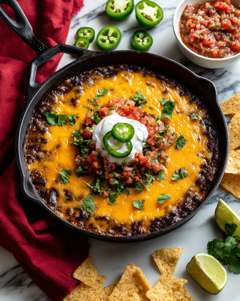 A black cast iron skillet holds a layered dish starting with a thick dark purple base that looks creamy, topped with melted orange cheddar cheese spread evenly. On the center, there is a dollop of white sour cream, a small pile of finely chopped red and green salsa, and a few green cilantro leaves scattered on top. A fresh green jalapeño slice is placed near the sour cream. Around the skillet sits whole and sliced green jalapeños, half a lime, a small white bowl filled with chunky salsa, and scattered beige tortilla chips. The setting is on a white marbled surface with a red cloth nearby. Photo taken with an iphone --ar 4:5 --v 7
