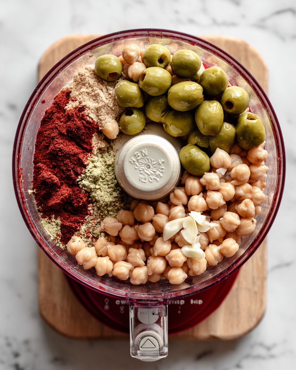 A top view of a red food processor filled with ingredients ready to blend, sitting on a light wooden board on a white marbled surface. Inside the clear container, there are three main layers arranged side by side: the largest portion shows light beige chickpeas forming a base, next to green whole olives that add a glossy texture and a smooth round shape, and a smaller section on the left contains a reddish-brown powder sprinkled over some chickpeas and small pieces of garlic scattered in between. The center of the processor has a white blade guard with embossed text. The front control panel displays buttons labeled Off, Low, High, and Pulse. Photo taken with an iphone --ar 4:5 --v 7