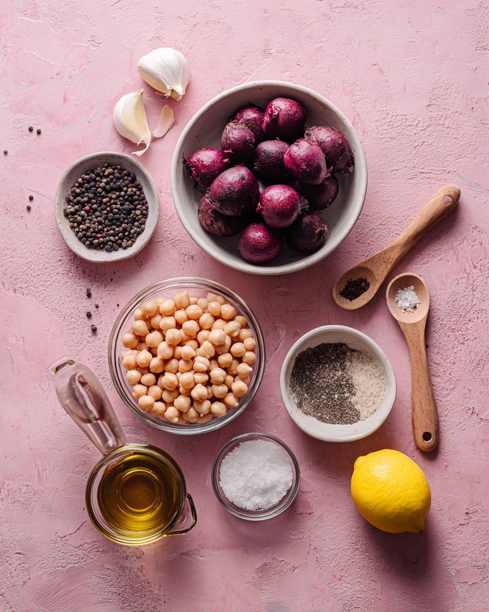 The image shows a variety of ingredients arranged on a pink textured surface. There is a white bowl in the center filled with dark purple whole beets. Below it, a glass bowl is full of light beige chickpeas. To the right of the white bowl with beets, there is a white bowl filled with coarse black pepper, and near it a white bowl with coarse salt, each with a small wooden spoon. To the left, a glass bowl holds small black seeds, and above it, another glass bowl contains two garlic cloves. Below the black seeds is a small glass container with a wooden handle filled with golden liquid, likely oil. A bright yellow lemon is placed on the right side of the image. Photo taken with an iphone --ar 4:5 --v 7