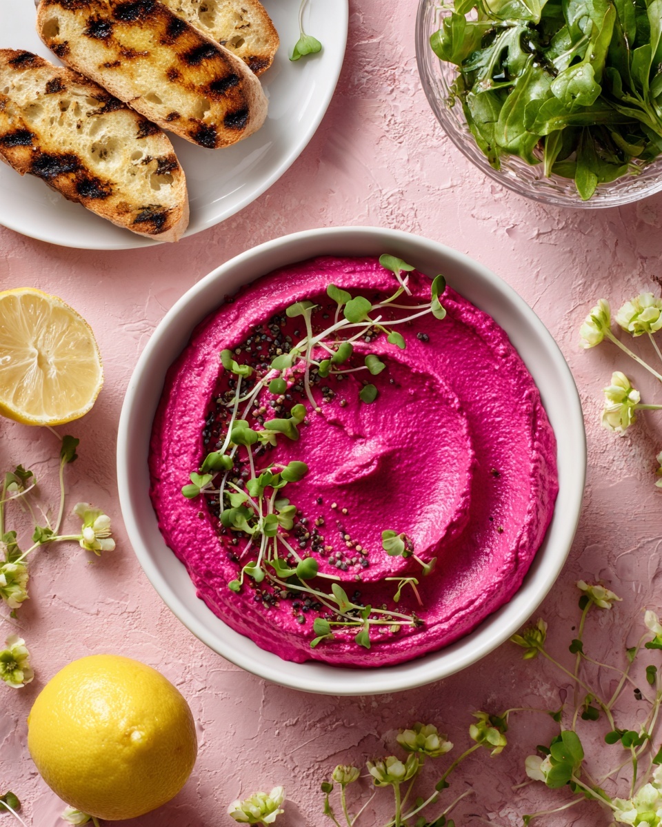 A white bowl filled with smooth, bright pink beet hummus, spread evenly and swirled in a circular pattern, topped with small green microgreens and scattered black seeds for contrast. To the top left, a white plate holds three golden brown grilled bread slices with charred lines. On the top right, a glass bowl contains fresh green leafy salad. The whole scene is set on a pink textured surface with scattered green microgreens and some sprigs of flowers, while a whole yellow lemon is placed at the bottom left. Photo taken with an iphone --ar 4:5 --v 7