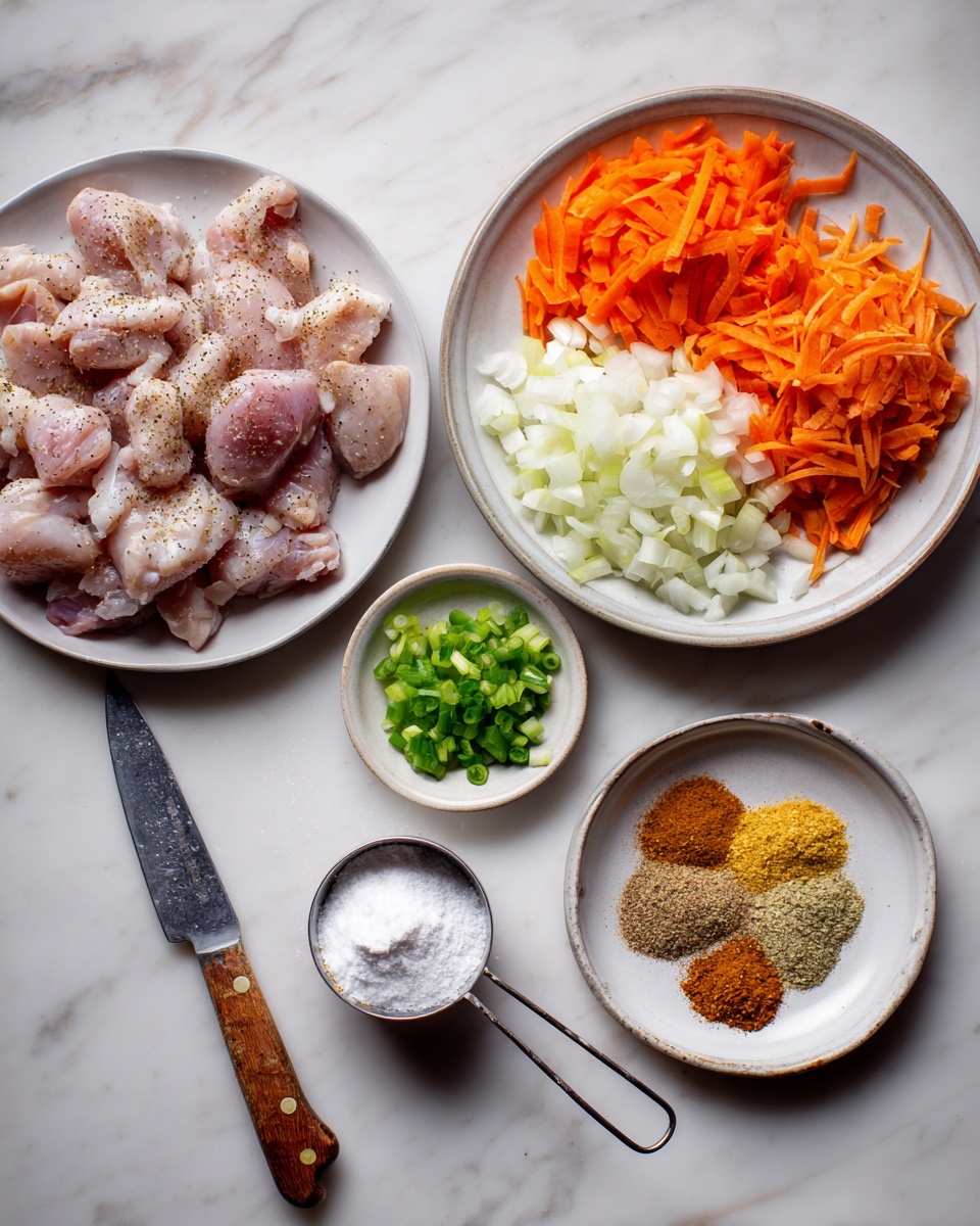 The image shows an overhead view of a cooking prep scene on a white marbled surface. There are three white plates: one holds raw chicken pieces seasoned with spices on top, another plate is divided into four colorful sections with shredded orange carrots, chopped white onions, chopped light green celery, and minced garlic, and a smaller plate has a pile of different ground spices in shades of brown and golden yellow. Next to the plates, there is a metal measuring spoon filled with white powder and a knife with a wooden handle, positioned in an open and angled way. photo taken with an iphone --ar 4:5 --v 7