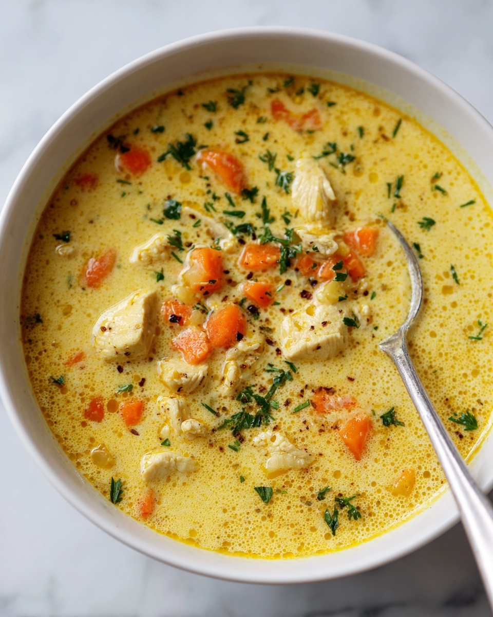 A white bowl filled with thick yellow curry soup that has a creamy texture, with visible chunks of light yellow chicken and small diced orange carrots scattered throughout. There are bits of green herbs sprinkled on top of the soup and a silver spoon resting inside the bowl, scooping a mixture of chicken, carrots, and soup. The background is a white marbled surface. photo taken with an iphone --ar 4:5 --v 7