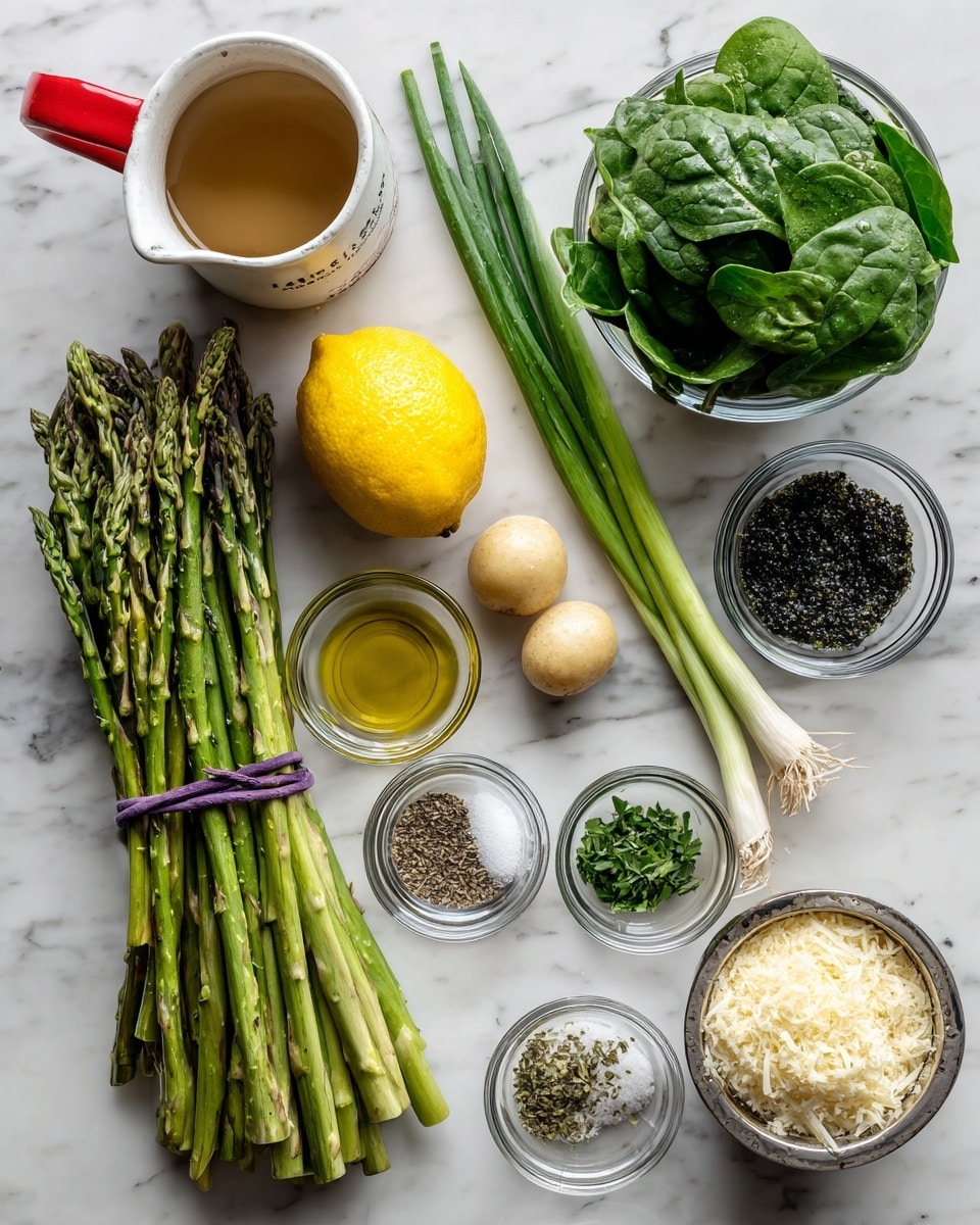 A white marbled surface holds several fresh ingredients neatly arranged. There is a bundle of green asparagus tied with a purple band placed center-left. To its right, three green onions lie diagonally, near a cluster of fresh spinach leaves in a small white cup. A whole yellow lemon sits below the green onions. Small clear glass bowls contain different ingredients: one with olive oil, one with two round beige pieces, one with black pepper and salt, one with chopped green herbs, one with a green powder, one with a creamy white substance, and one filled with grated cheese in a silver cup. In the top-left corner, there is a white measuring cup with a red handle, filled with light brown liquid. photo taken with an iphone --ar 4:5 --v 7