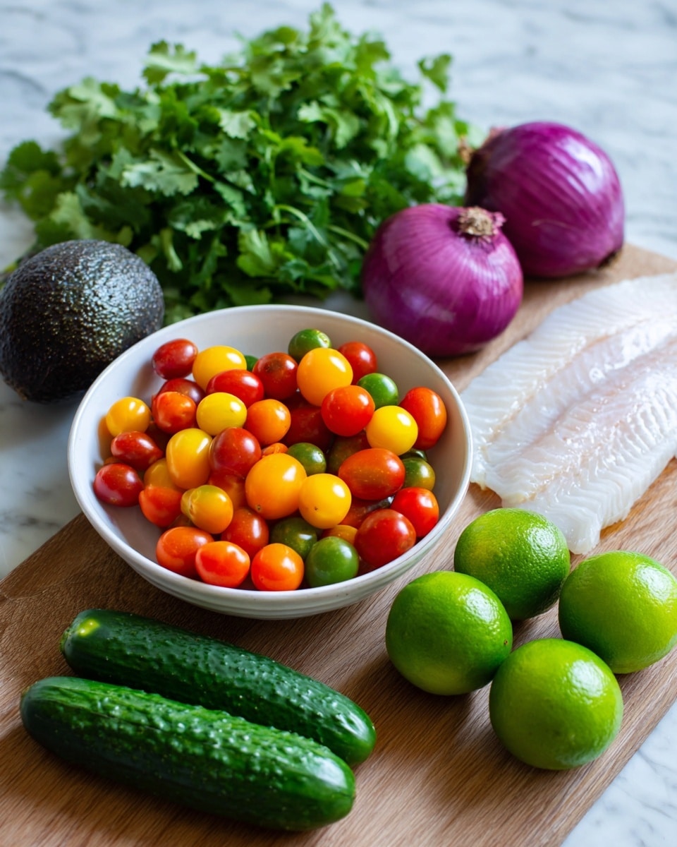 The image shows fresh ingredients on a wooden board with a white marbled texture background. There is a whole dark green avocado on the left side, three small green cucumbers with shiny skins are lined up next to it. A white bowl is filled with small colorful grape tomatoes in red, orange, and yellow shades placed in the center. Behind the bowl, half of a purple-red onion is placed cut side up, and behind it, a bunch of green cilantro leaves adds a fresh touch. To the right side, there are four bright green limes, and in front of them, a white fillet with a smooth texture lies flat. Finally, a single dark green jalapeño pepper is placed near the fillet. Photo taken with an iphone --ar 4:5 --v 7