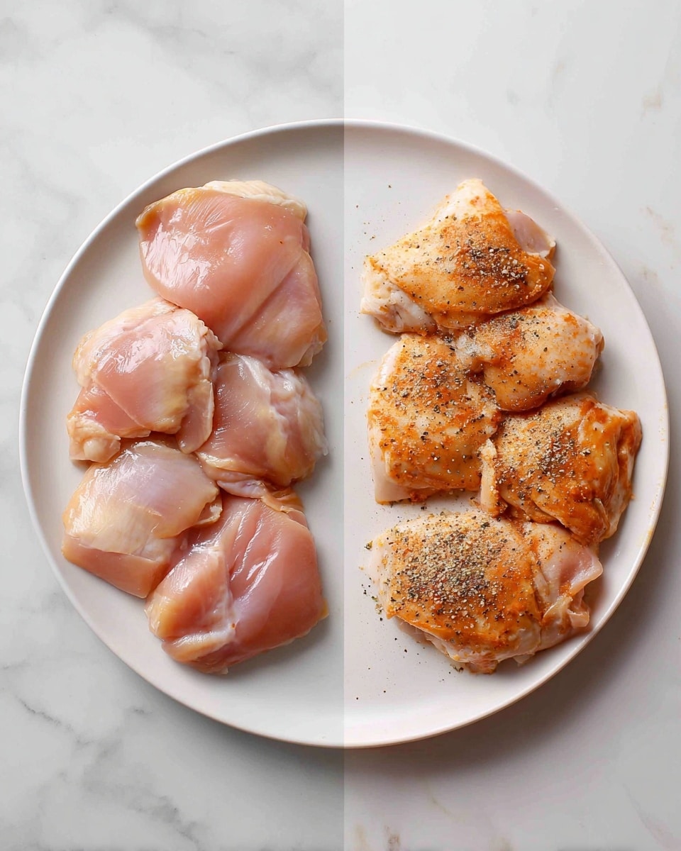 Two side-by-side photos show a white round plate with four raw chicken pieces arranged in a circle on a white marbled surface. The left photo shows the plain chicken pieces, light pink and glossy, with smooth texture and some white fat edges. The right photo shows the same chicken pieces with an even layer of orange-brown seasoning, sprinkled with black pepper, covering the top surface of each piece. Photo taken with an iphone --ar 4:5 --v 7