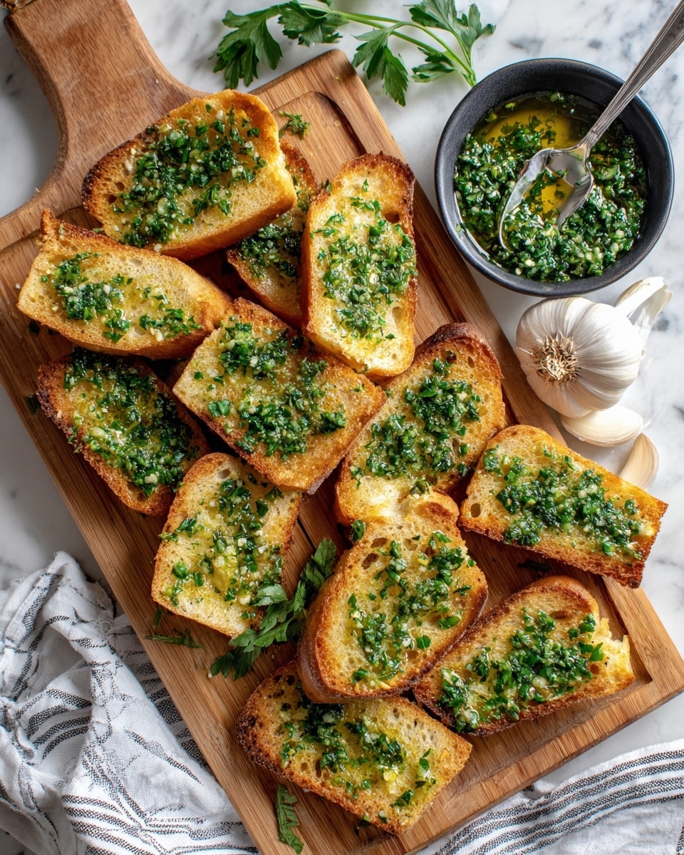 Slices of toasted bread arranged on a wooden cutting board, each slice topped with bright green chopped herbs mixed with oil, showing a slightly chunky and moist texture. The bread is golden brown with a crisp crust and soft inside, some areas darker from toasting. A small black bowl filled with the same green herb and oil mixture sits at the top right of the board, with a spoon resting inside it. A whole white garlic bulb and fresh green herb sprigs are placed near the bowl. A white and gray striped cloth is partly under the board. The background is a white marbled surface. Photo taken with an iphone --ar 4:5 --v 7