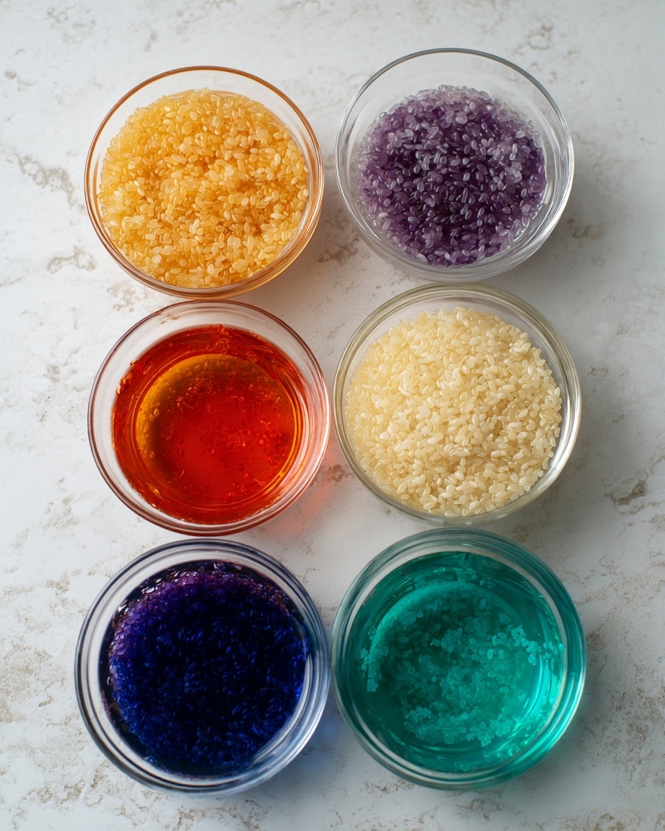 Seven clear glass bowls sit on a white marbled surface, each filled with soaked rice or liquid of different bright colors. The top row has three bowls with orange, purple, and yellow soaked rice, showing detailed rice grains and slight water reflections. The bottom row has four bowls filled with dark purple liquid, bright red soaked rice, bright blue soaked rice, and solid green liquid. The colors are vivid and evenly spread inside the bowls. The clear glass shows the textures and layers distinctly. photo taken with an iphone --ar 4:5 --v 7