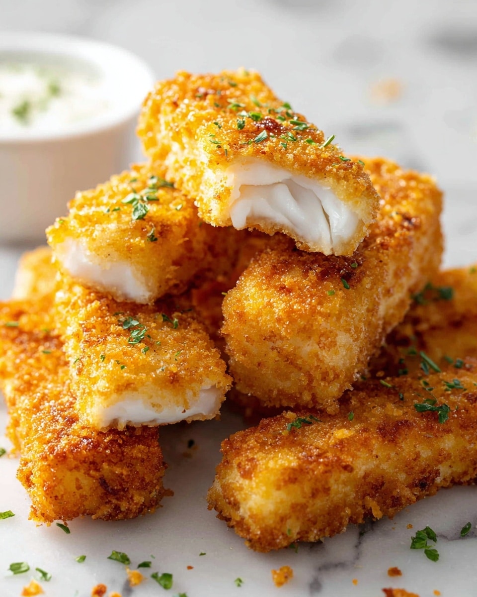 Several long, golden-brown fried sticks with a crispy texture are laid out on a white sheet of parchment paper. They are sprinkled with small green herb pieces for color contrast. At the top left, there is a white bowl filled with a creamy light yellow sauce speckled with small green bits, with a spoon resting inside. Two silver forks sit near the bottom right corner on the white marbled surface, partly under the parchment. In the bottom left, part of a pale green chicken package is visible on the white marbled surface. photo taken with an iphone --ar 4:5 --v 7