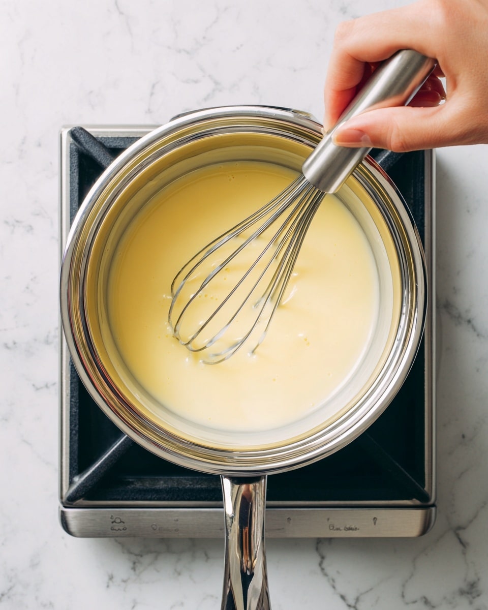 A close-up of a woman's hand holding a whisk inside a silver metal bowl with a creamy white mixture. The bowl sits inside a larger shiny silver pot on a stove burner with a reflective stainless steel surface. The background includes the stove grates and parts of the stove, all with a white marbled texture. The image focuses on the stirring action and shiny metal textures. photo taken with an iphone --ar 4:5 --v 7