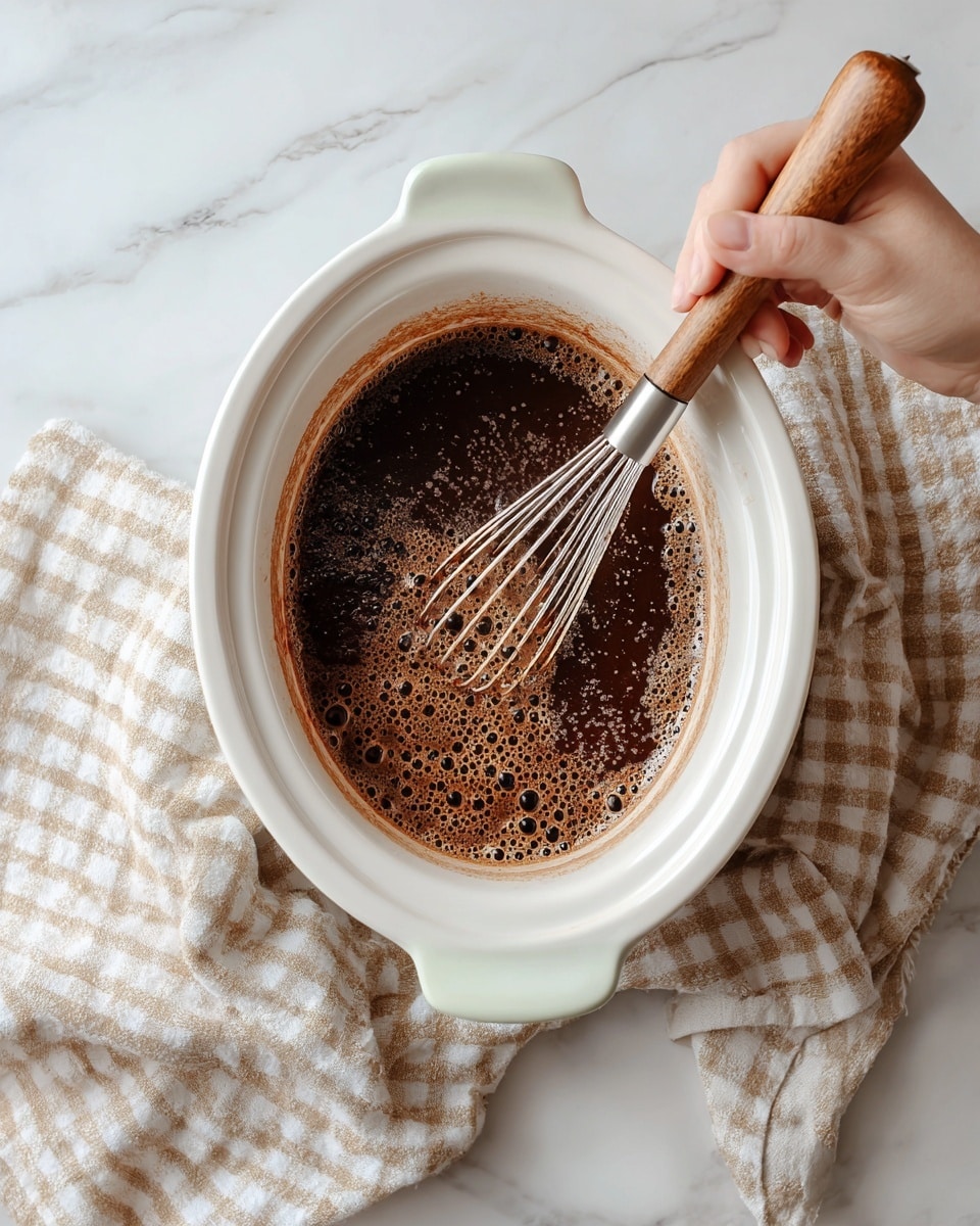 A white oval slow cooker with a light green handle is filled with a dark brown mixture with visible bubbles and some cocoa powder sprinkled on top. A woman's hand is holding a whisk with a wooden handle, stirring the mixture inside the cooker. To the right side of the cooker is a beige and white checkered cloth on a white marbled surface. The overall scene has soft natural light. photo taken with an iphone --ar 4:5 --v 7