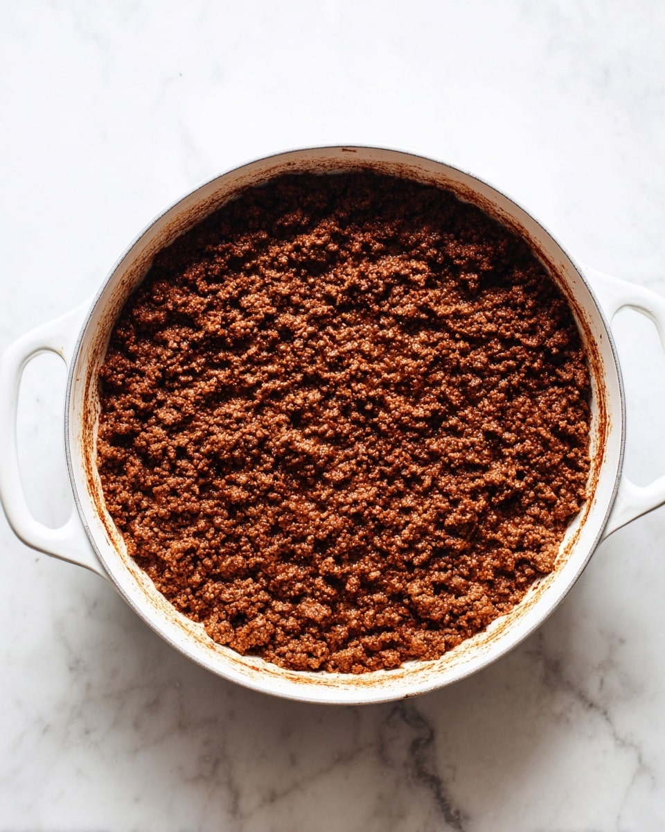 The image shows a white pan filled with cooked ground beef spread evenly across the bottom. The beef is brown with a crumbly texture and small bits, covering the entire surface inside the pan. The pan is on a white marbled surface with no other items visible. Photo taken with an iphone --ar 4:5 --v 7