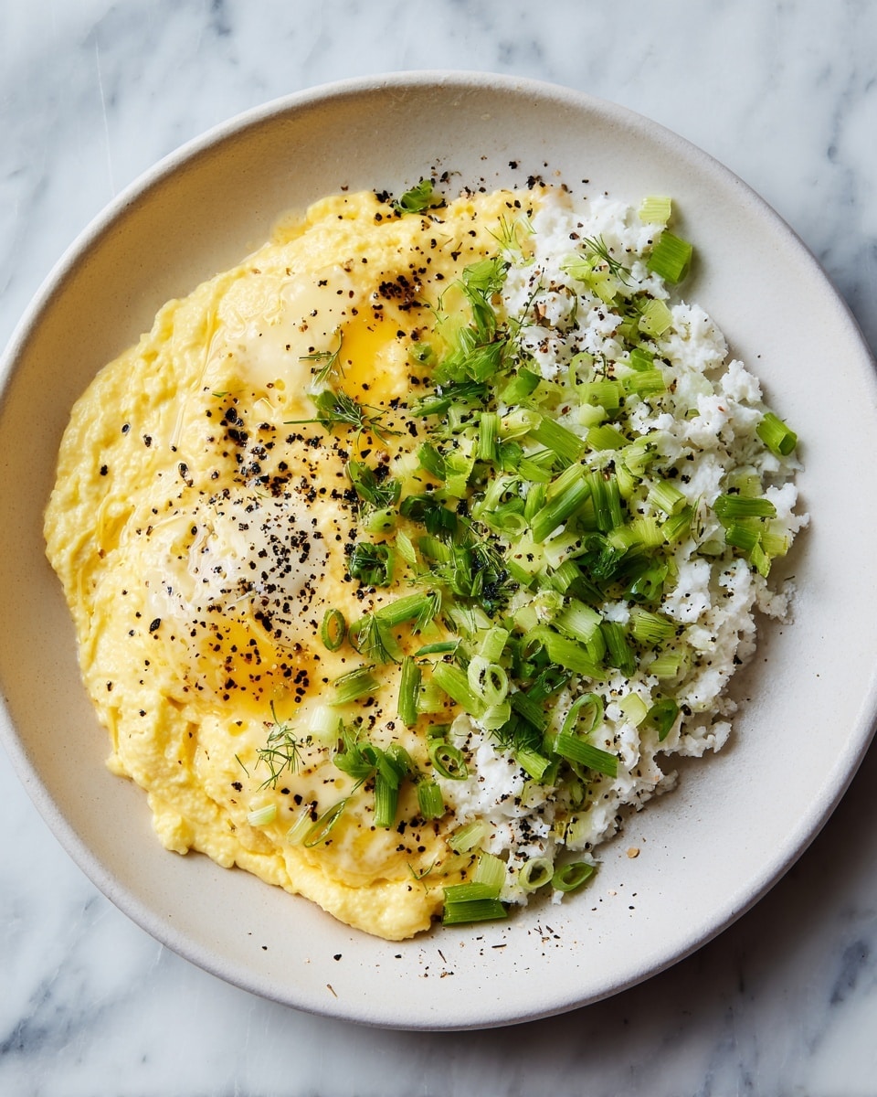 The image shows a large white plate with three distinct layers of ingredients. On the left side, there is a creamy yellow layer resembling mashed or whipped egg yolks with a smooth, slightly textured surface sprinkled with black pepper. The top center and right side display finely chopped white egg whites mixed with small green pieces of chopped spring onions and green celery, arranged in neat piles. The dish is placed on a white marbled surface, and the overall look is clean and fresh. photo taken with an iphone --ar 4:5 --v 7