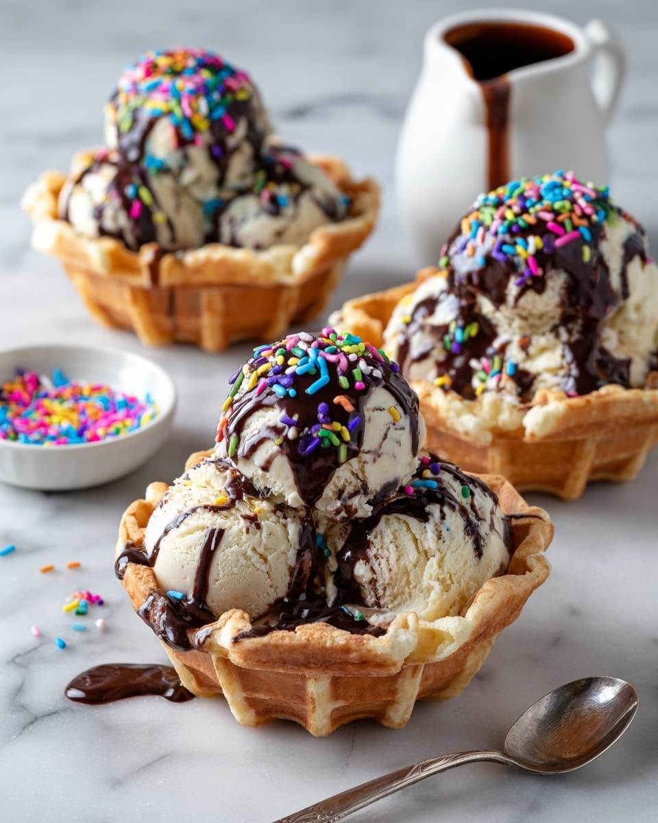 The image shows three round waffle bowls placed on a white marbled surface, each filled with two scoops of light beige ice cream. The ice cream scoops are topped with a thick layer of dark chocolate sauce that drips down the sides. Colorful round sprinkles in blue, purple, yellow, green, and pink are scattered over the chocolate topping. There is a shiny silver spoon with some sprinkles on it beside the bowls, and in the background, there is a small round dish filled with more colorful sprinkles and a white jug with some chocolate dripping from its side. Photo taken with an iphone --ar 4:5 --v 7