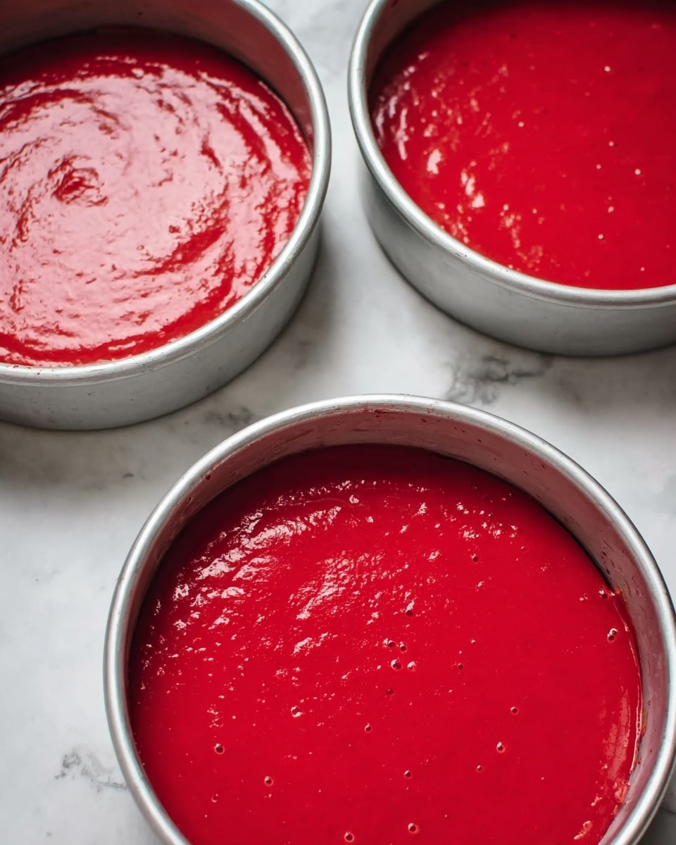 Three round metal cake pans filled with smooth, bright red batter evenly spread inside each pan, showing a slightly shiny and thick texture with small air bubbles on the surface. The pans rest on a white marbled surface and are arranged in a loose triangle shape. The batter layers appear thick enough for a tall cake once baked. photo taken with an iphone --ar 4:5 --v 7