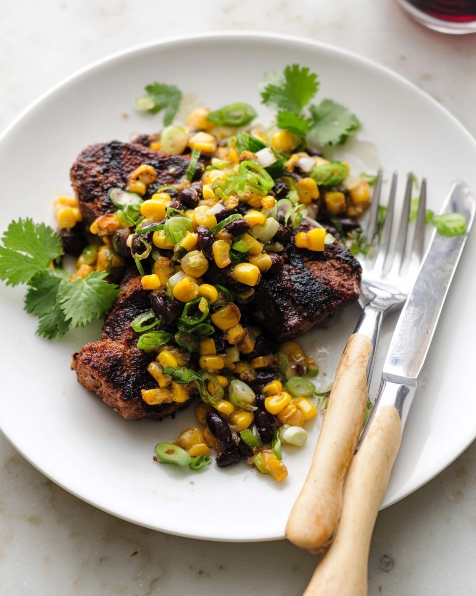 A white plate holds two dark brown grilled pieces of meat with a slightly charred texture. On top, there is a mixed layer of bright yellow corn chunks, black beans, finely chopped green onions, and bits of onion, all sprinkled with fresh green cilantro leaves. A fork and knife with light wooden handles rest on the plate's edge. The scene is set on a white marbled surface. photo taken with an iphone --ar 4:5 --v 7