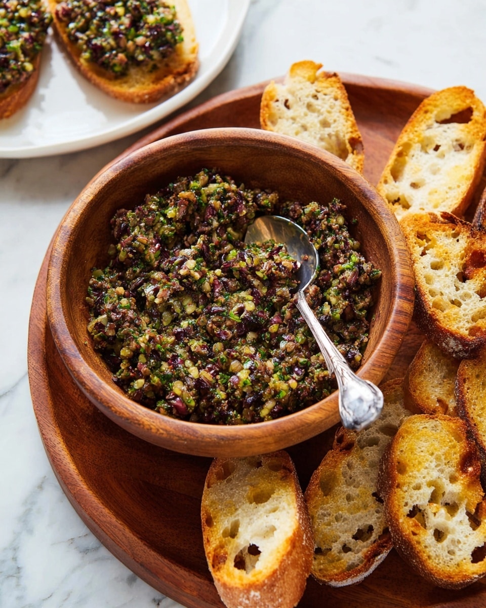 A wooden bowl filled with a chunky olive tapenade showing green and dark purple finely chopped olives mixed with herbs, with a shiny silver spoon resting inside the bowl. Surrounding the bowl is a wooden plate holding several slices of toasted bread, golden brown with some darker crisp edges and airy holes. The whole setting is placed on a white marbled surface, with a white plate in the background showing a couple more pieces of toast topped with the tapenade. Photo taken with an iphone --ar 4:5 --v 7