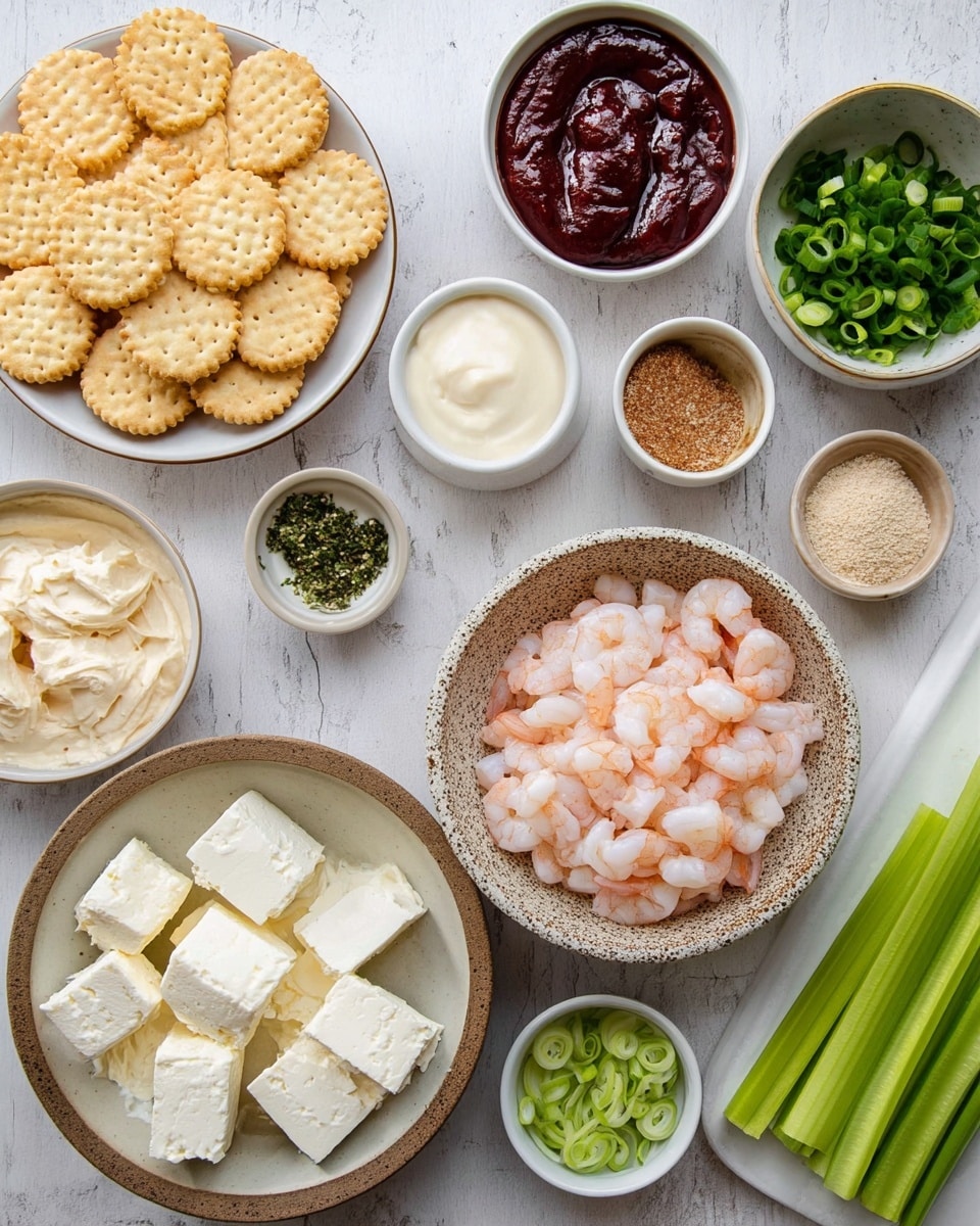 The image shows various small white bowls and plates arranged on a white marbled surface. On the right, a bowl holds a large pile of finely chopped, pale pink and white shrimp. Below it, a brown speckled bowl contains large cubes of white cream cheese. To the left, a couple of plates filled with round light golden crackers are visible; one plate has plain crackers, and the other has crinkle-cut crackers. Above the crackers, a small white bowl is filled with dark red sauce, and next to it, a white bowl contains a light cream-colored thick sauce. Another small bowl above holds chopped green herbs. Two small brown bowls have light brown and beige powder spices. Green sliced scallions are seen in a white bowl. To the far right on the marbled surface, bright green celery sticks are scattered around. photo taken with an iphone --ar 4:5 --v 7