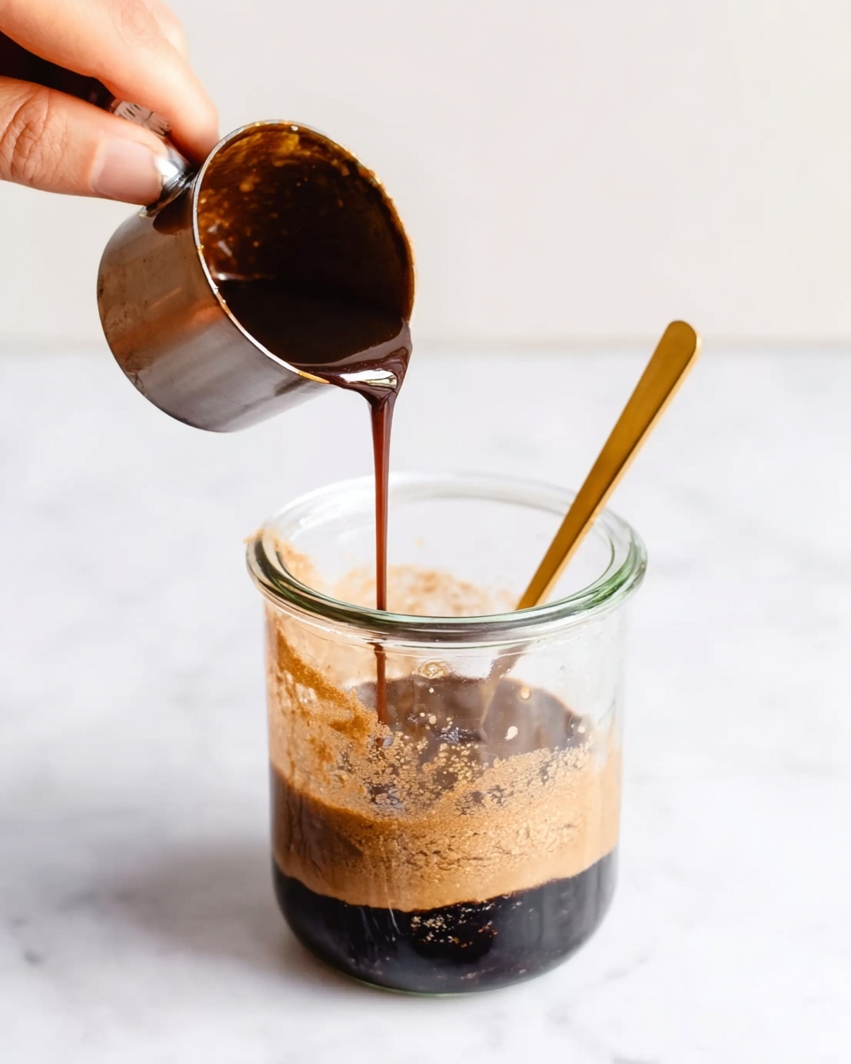 A woman’s hand is holding a small metal measuring cup filled with thick, dark brown liquid, pouring it into a clear glass jar. Inside the jar, there is a mixture of light tan and dark brown layers with a rough texture. A slender gold spoon stands inside the jar, resting against its side. The jar is placed on a white marbled surface, giving a clean and bright look. photo taken with an iphone --ar 4:5 --v 7