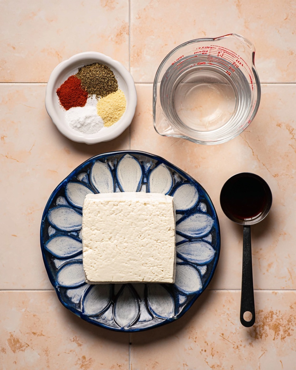 A large square block of white tofu sits centered on a round white plate with blue petal-like patterns spreading outwards from the tofu. Above and to the left is a small white bowl holding six small piles of finely ground spices in a roughly circle shape, showing colors of dark green, bright red, pale yellow, golden yellow, white, and black pepper specks. Above and to the right, a clear glass measuring cup contains water, showing clear reflections and red measurement markings. Below the measuring cup, to the right of the tofu plate, is a black metal measuring spoon filled with a thick dark brown liquid, placed on a light pinkish tile background changed to a white marbled texture. photo taken with an iphone --ar 4:5 --v 7