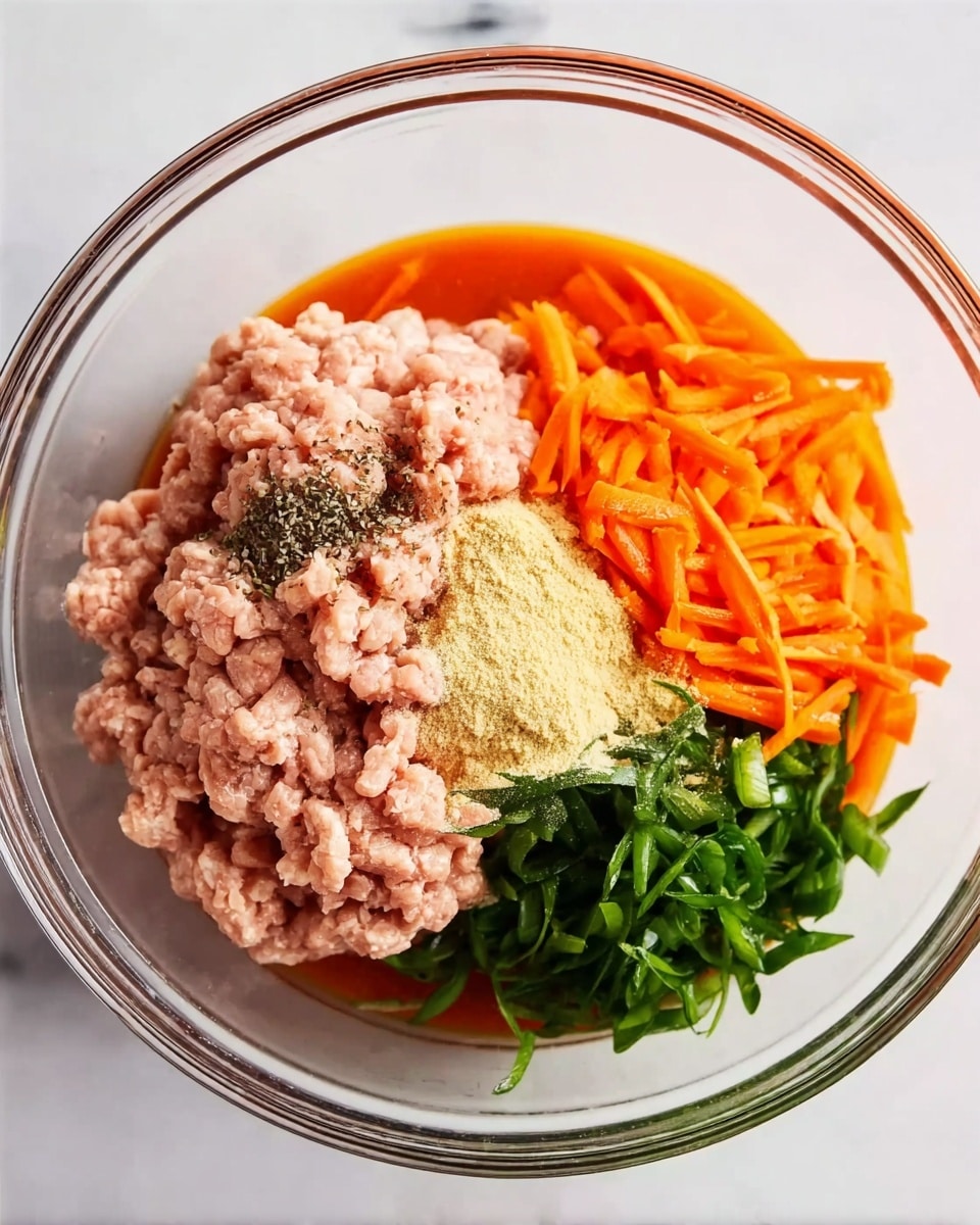 A clear glass bowl is filled with five main layers, arranged side by side inside. On the left, there is a light pink layer of raw ground meat with a soft texture and some black pepper sprinkled on top. Next to it, an orange liquid layer of sauce rests beneath the other ingredients. To the right, a fine pale yellow powder sits in a pile next to small pieces of bright orange diced carrots. On the far right, finely sliced green leaves form the last layer. The bowl is placed on a white marbled surface. photo taken with an iphone --ar 4:5 --v 7