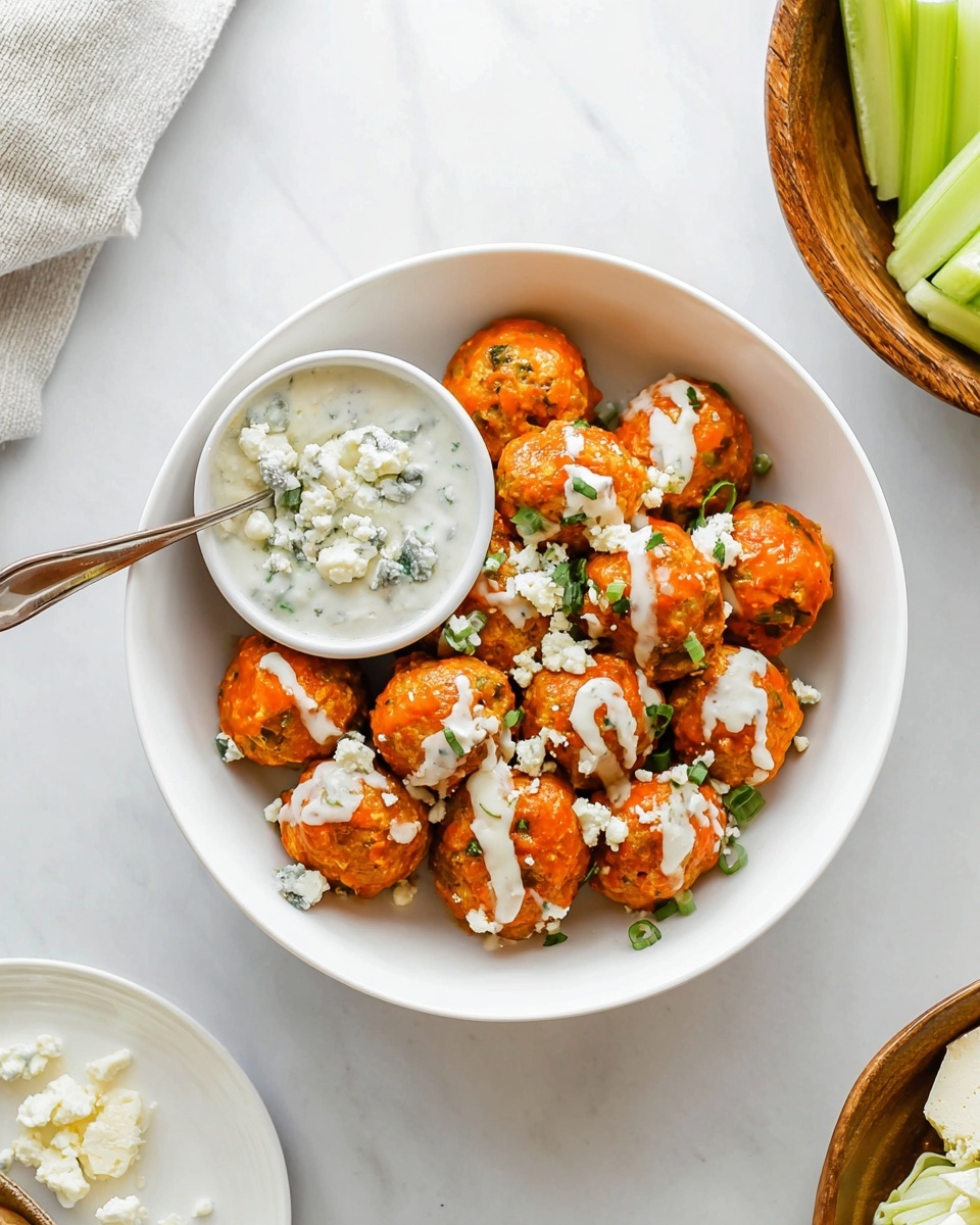 A white bowl filled with about three layers of round orange meatballs, each meatball showing green bits inside. The meatballs are topped with white sauce drizzles and sprinkled with small pieces of crumbly white cheese and green chopped herbs. On the left side inside the bowl, there is a smaller white bowl containing a creamy white dip with chunks of crumbled cheese, and a spoon resting inside it. The bowl is placed on a white marbled surface, with parts of a wooden bowl containing crumbly white cheese and a white plate with green celery sticks visible at the edges. photo taken with an iphone --ar 4:5 --v 7