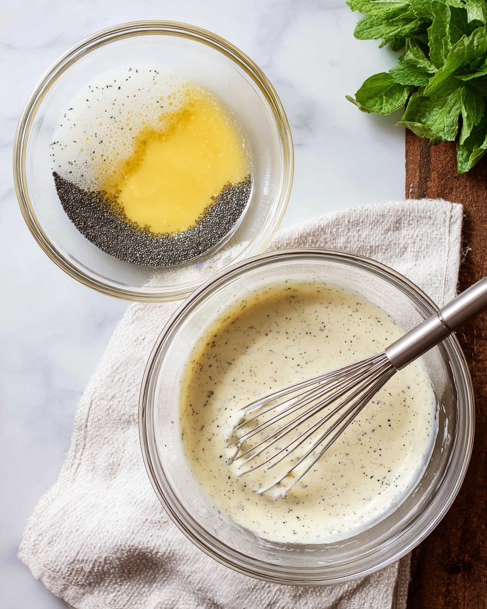 The image shows two glass bowls on a white cloth over a white marbled surface. The left bowl contains a few layers: a thick layer of small black poppy seeds at the bottom left, a yellow liquid at the top right, and white creamy layers partially mixed with the yellow liquid. A metal whisk is placed inside this bowl, coated with white cream and poppy seeds. The right bowl shows the mixture after being stirred, with a creamy pale beige layer speckled with fine black dots, showing a smooth texture. A metal whisk rests beside the bowl on the white cloth. Some fresh green leaves are at the top right corner of the image. Photo taken with an iphone --ar 4:5 --v 7