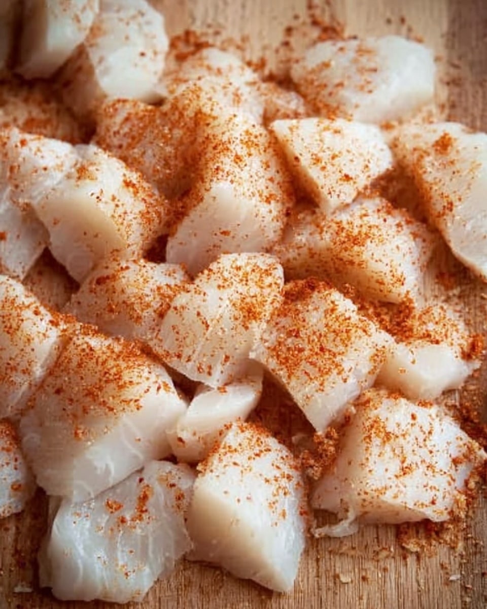 The image shows small pieces of raw white fish spread out evenly on a wooden surface with a sprinkle of reddish brown spice powder on top, giving the fish a lightly speckled look. The fish pieces are soft and smooth with slight curves and a fresh, moist texture. The scattered spice adds a contrast of color over the pale fish, with fine granules visible. Photo taken with an iphone --ar 4:5 --v 7