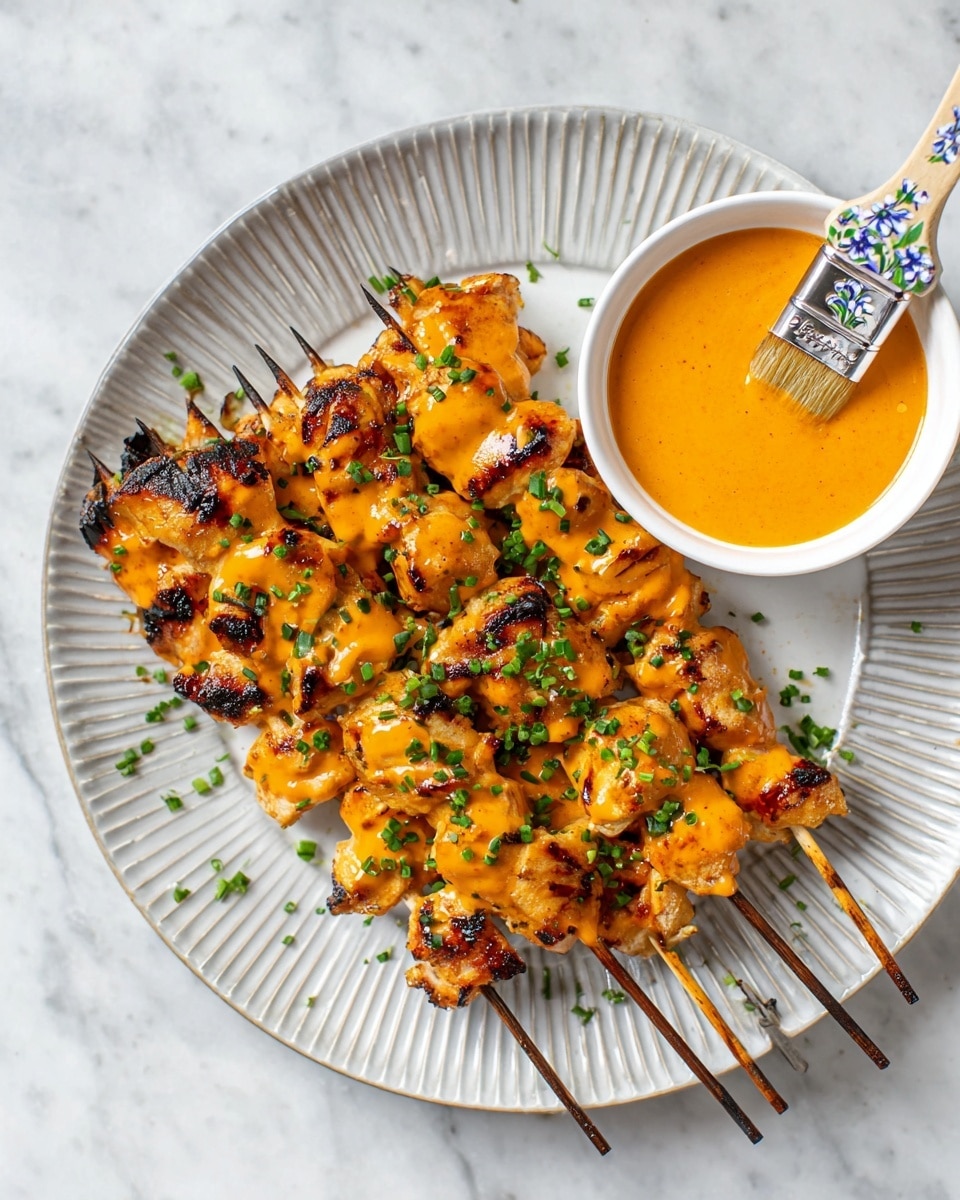 A white plate with ridges holds six skewers of grilled chicken pieces covered in an orange sauce that looks creamy and glossy, with some darker charred spots on the chicken showing a grilled texture. The sauce is drizzled over the chicken and sprinkled with small green chopped herbs. On the top right side of the plate, there is a small white bowl filled with the same orange creamy sauce, with a silver spoon decorated with blue and green flowers inside. Next to the bowl, a sauce brush with orangish sauce on its bristles rests on the plate. The plate is set on a white marbled surface. photo taken with an iphone --ar 4:5 --v 7