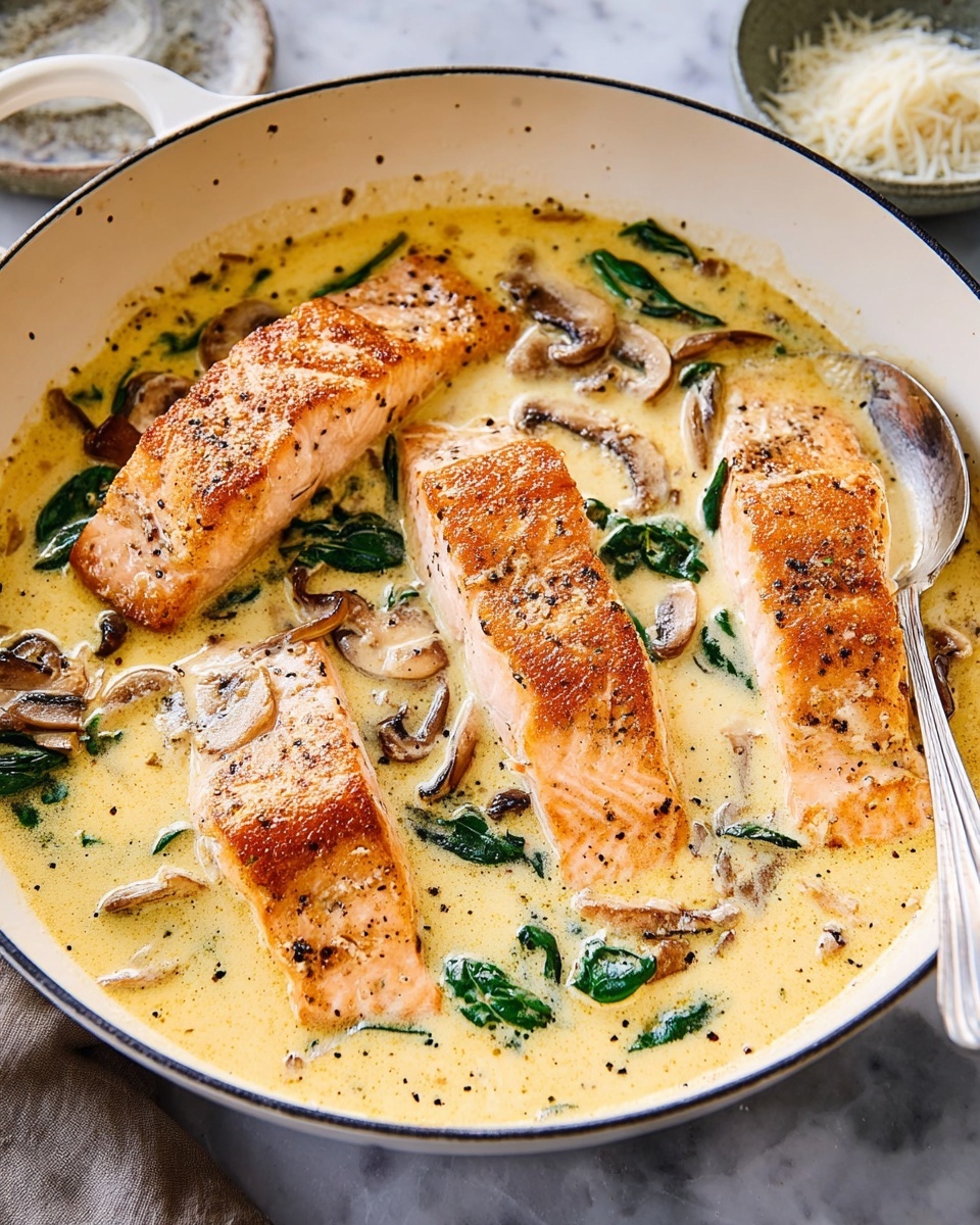 In a white pan, there are four pieces of cooked salmon, each showing a golden-brown sear on top, placed side by side and partially submerged in a creamy yellow sauce with specks of black pepper. The sauce has scattered green spinach leaves and thinly sliced brown mushrooms. The pan rests on a white marbled surface, and a silver spoon is visible on the right edge of the pan. In the blurred background, a small white bowl with grated cheese is seen. Photo taken with an iphone --ar 4:5 --v 7