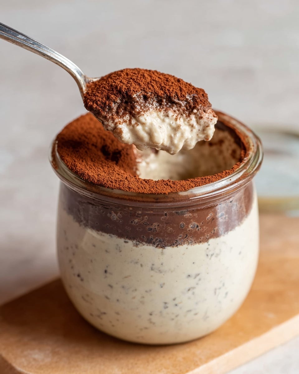 A clear glass jar filled with a creamy light beige mixture containing small dark specks, topped with a thick dark brown cocoa powder layer. A silver spoon lifts a scoop showing the smooth, creamy beige layer beneath the cocoa powder, highlighting the contrast between the dark brown top and the lighter creamy inside. The jar is placed on a light wooden surface with a soft blurred background, all set on a white marbled texture. photo taken with an iphone --ar 4:5 --v 7