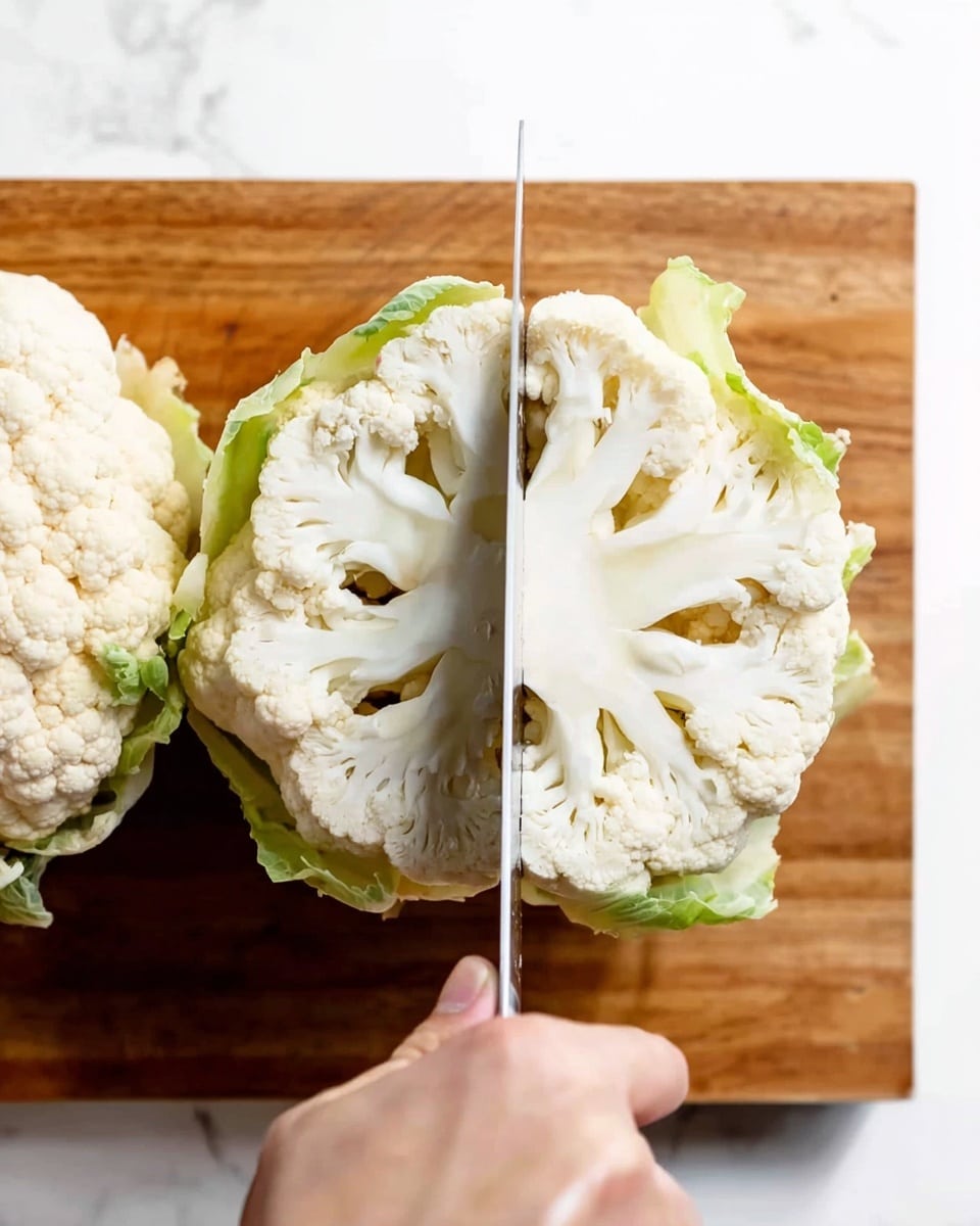 A white cauliflower is placed on a wooden cutting board with a white marbled surface partly visible underneath. The cauliflower is cut in half, showing its creamy white florets and pale green leaves around the edges. A knife with a silver blade and white handle is slicing through the center of the cauliflower, held by a woman's hand gripping the knife firmly. The image is bright with natural light and sharp focus, highlighting the texture of the cauliflower and the cutting board photo taken with an iphone --ar 4:5 --v 7